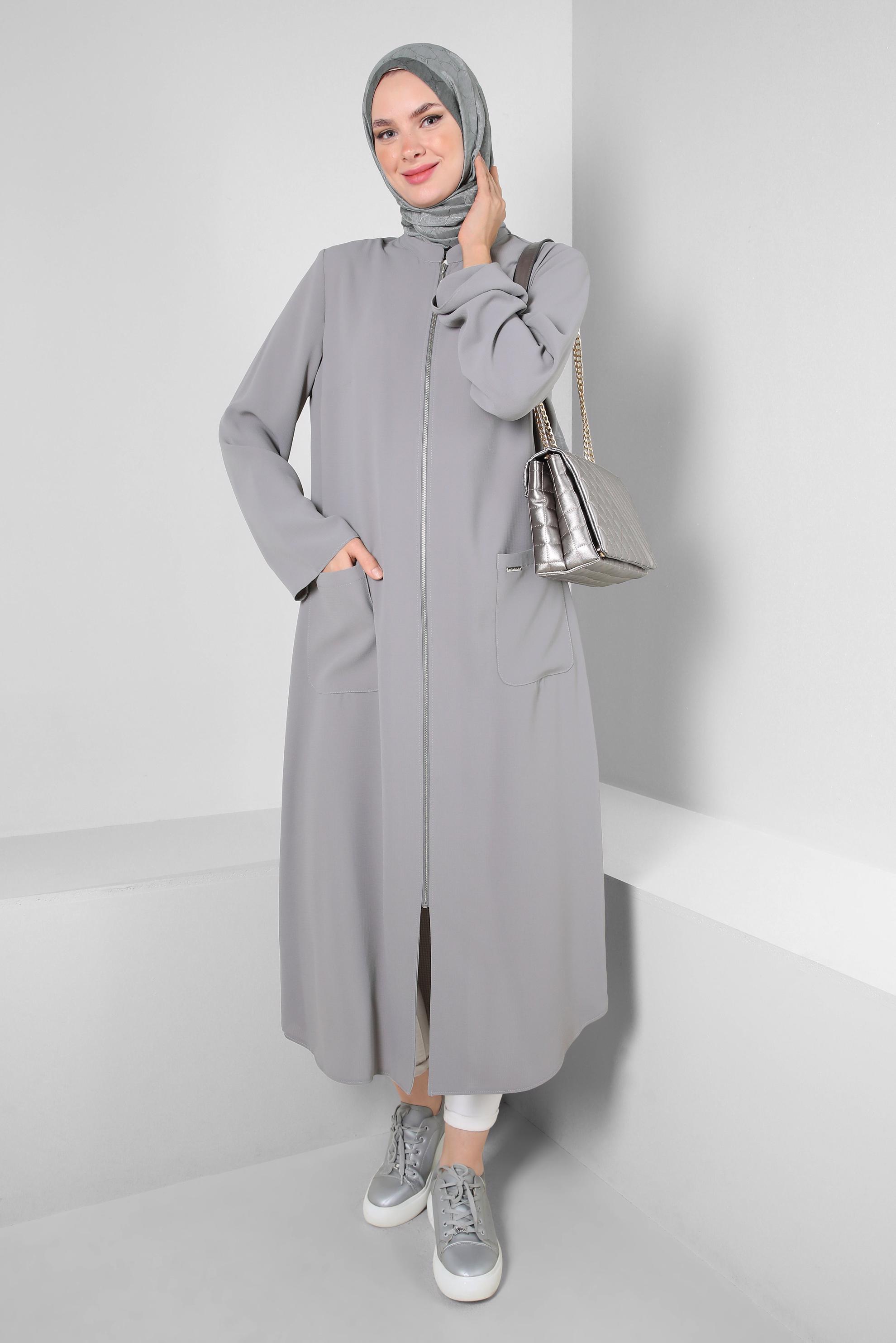 Tesettür giyim GRİ CEP DETAYLI FERMUARLI UZUN TUNİK 43834