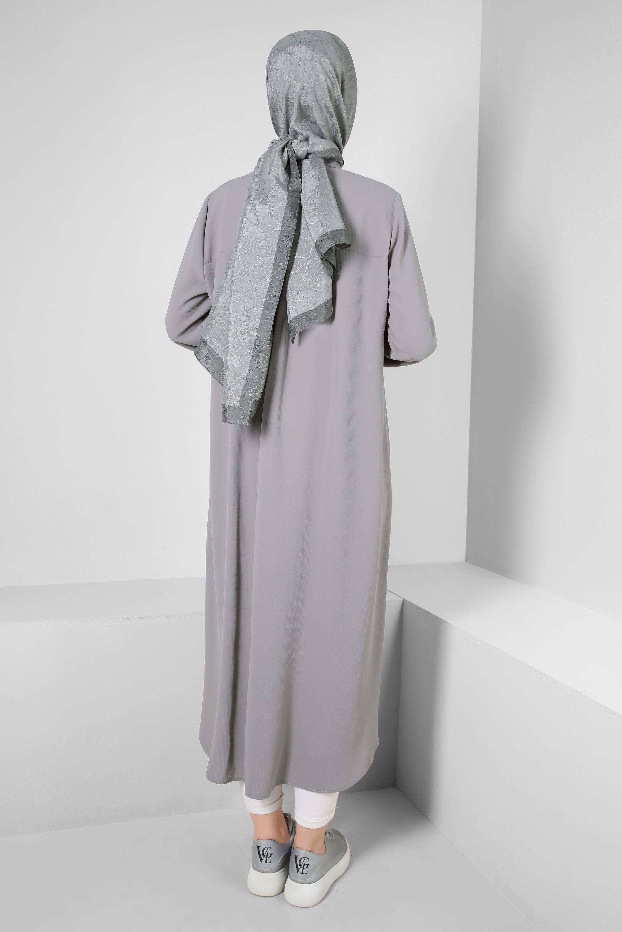 Tesettür giyim GRİ CEP DETAYLI FERMUARLI UZUN TUNİK 43834