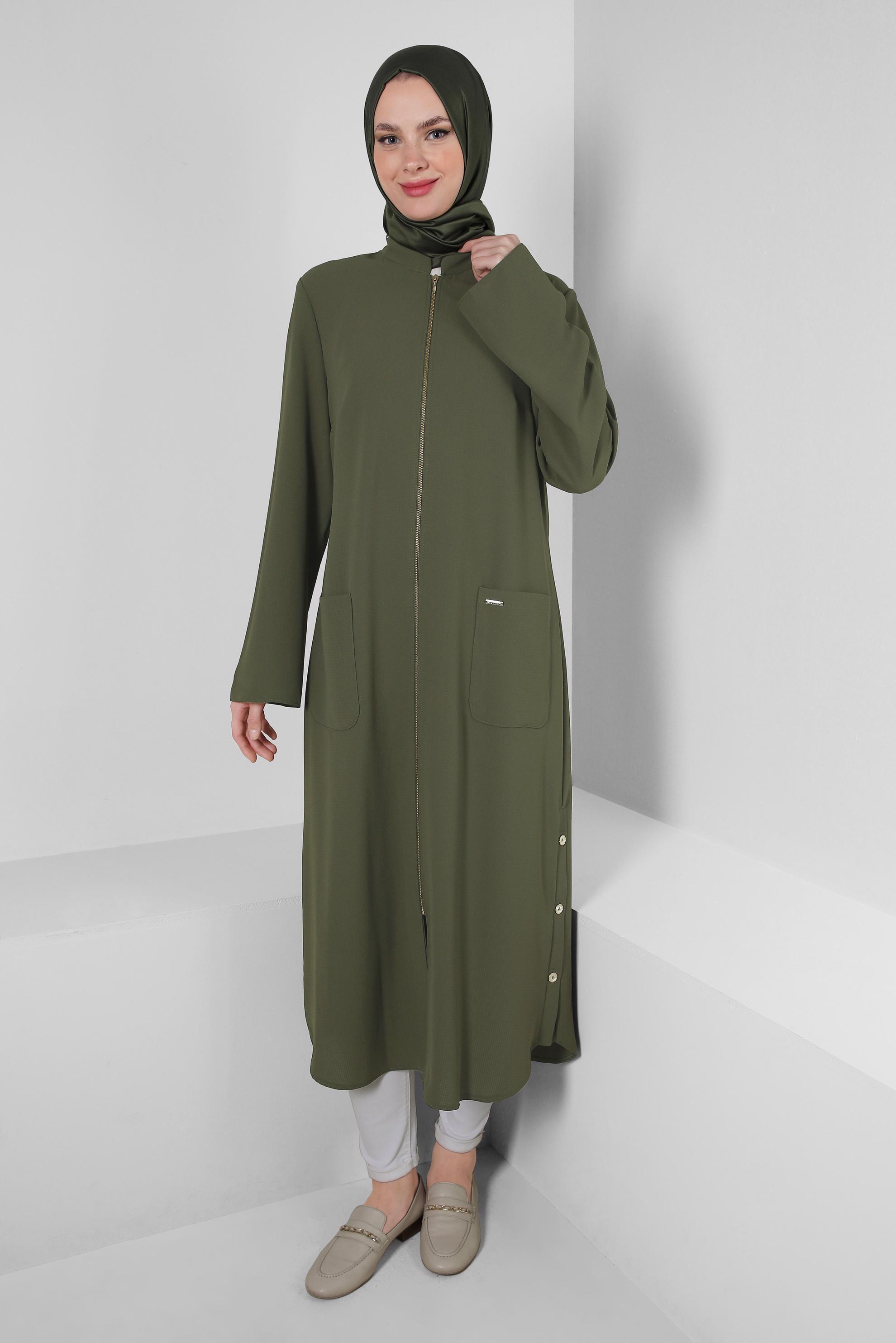 Tesettür giyim HAKİ CEP DETAYLI FERMUARLI UZUN TUNİK 43834