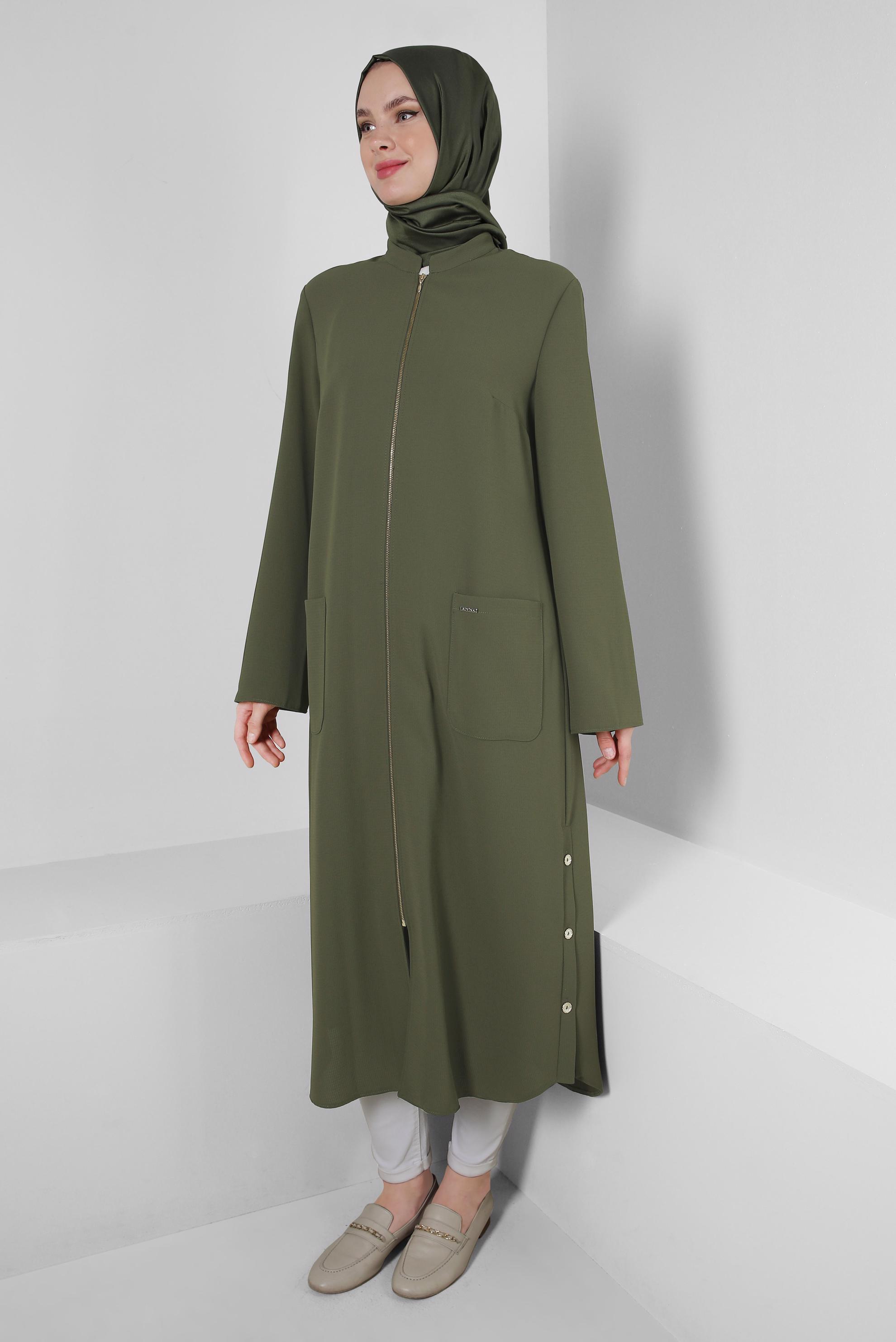 Tesettür giyim HAKİ CEP DETAYLI FERMUARLI UZUN TUNİK 43834
