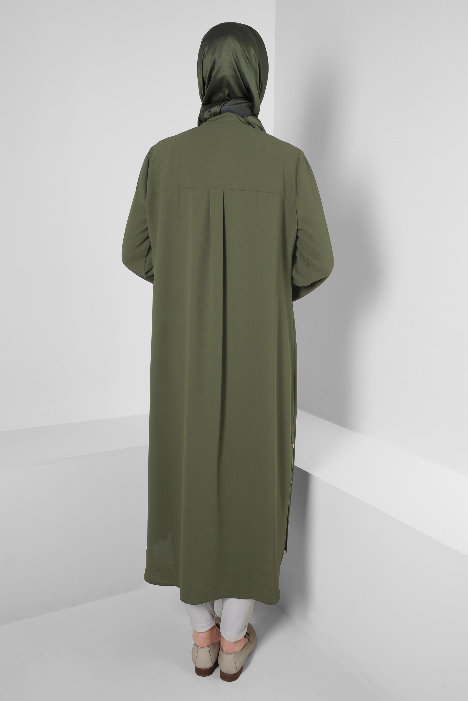 Tesettür giyim HAKİ CEP DETAYLI FERMUARLI UZUN TUNİK 43834