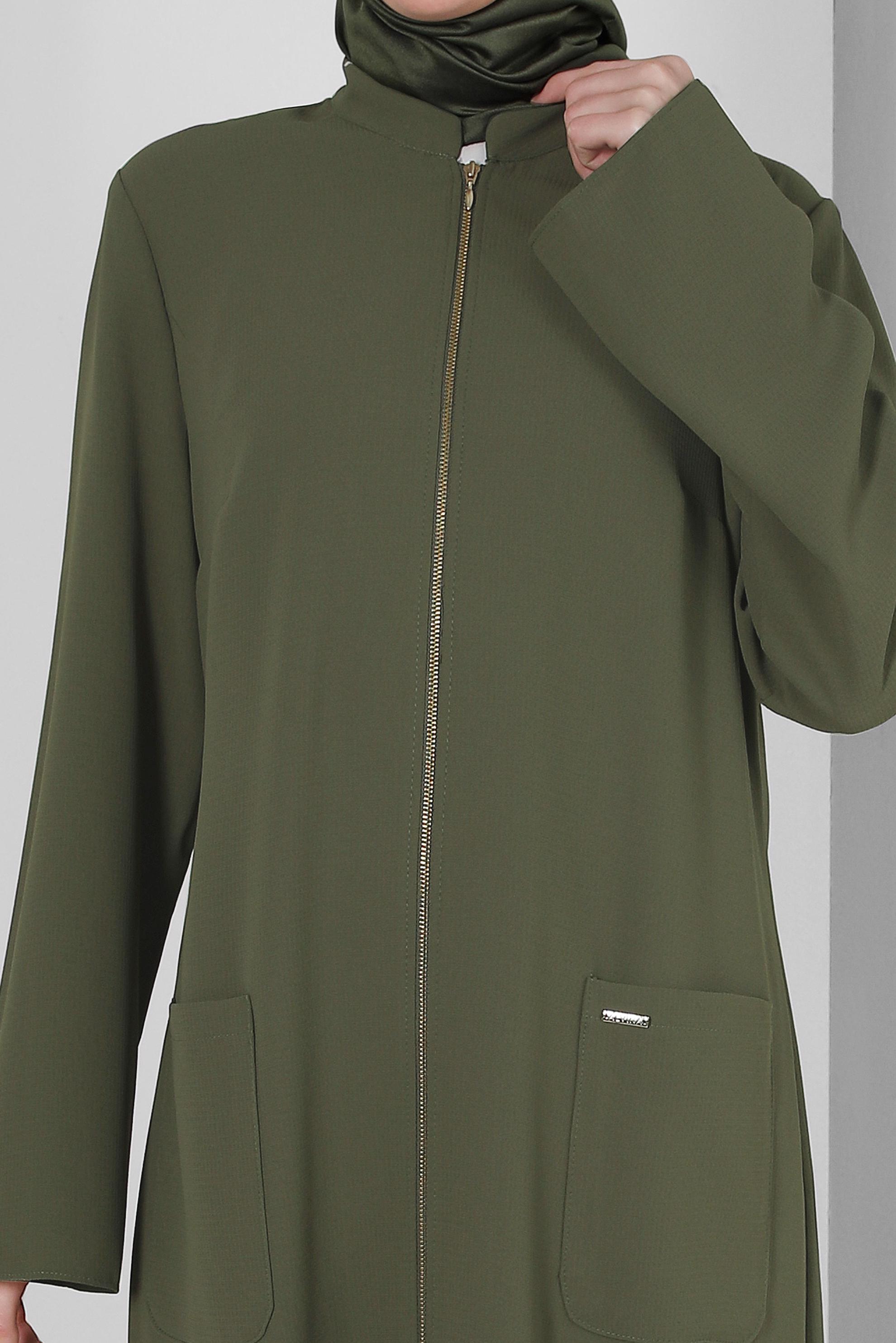 Tesettür giyim HAKİ CEP DETAYLI FERMUARLI UZUN TUNİK 43834