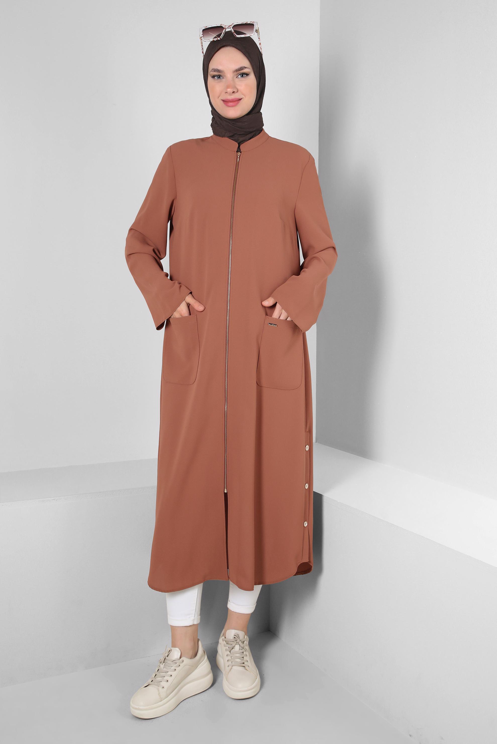 Tesettür giyim TURUNCU CEP DETAYLI FERMUARLI UZUN TUNİK 43834
