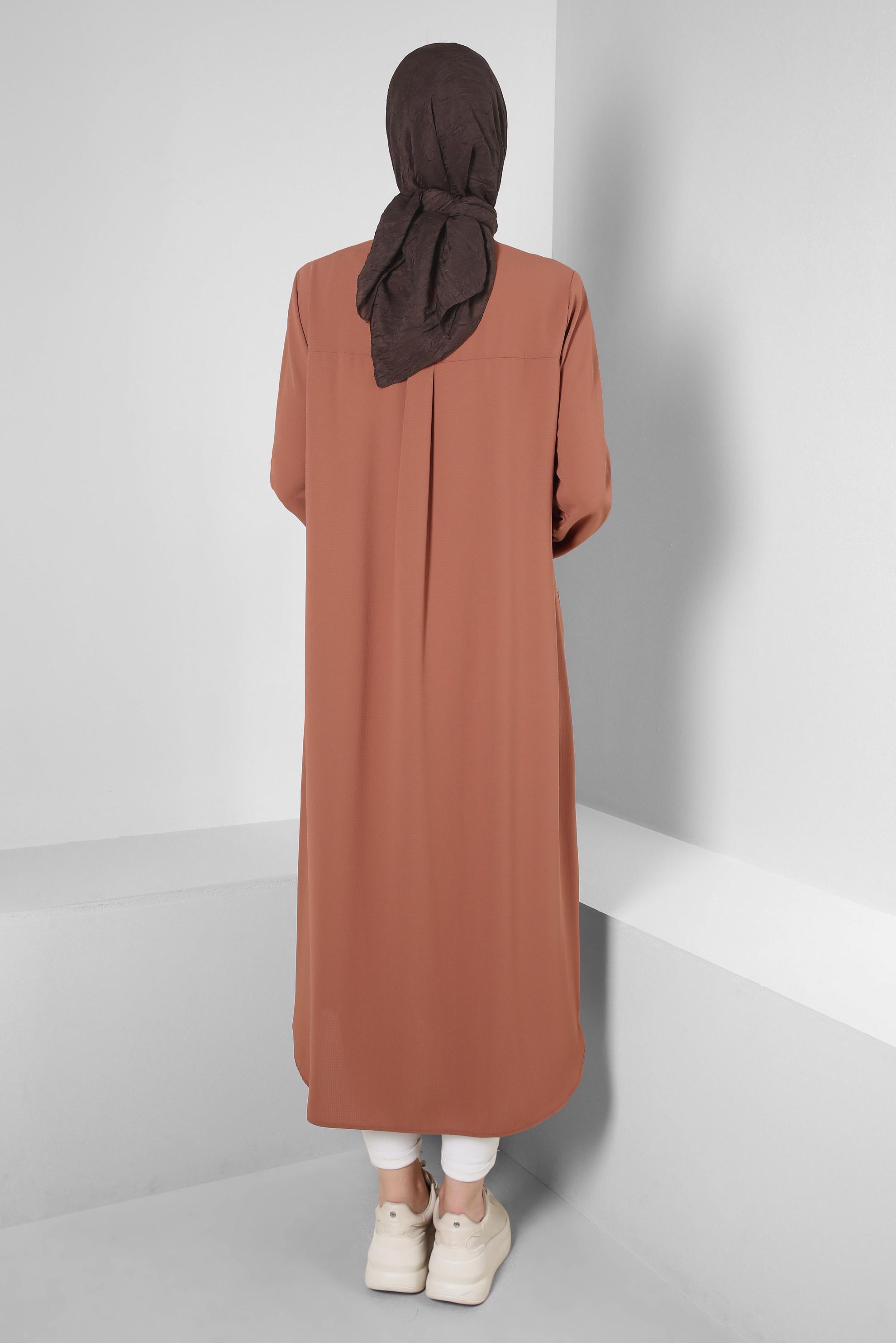 Tesettür giyim TURUNCU CEP DETAYLI FERMUARLI UZUN TUNİK 43834