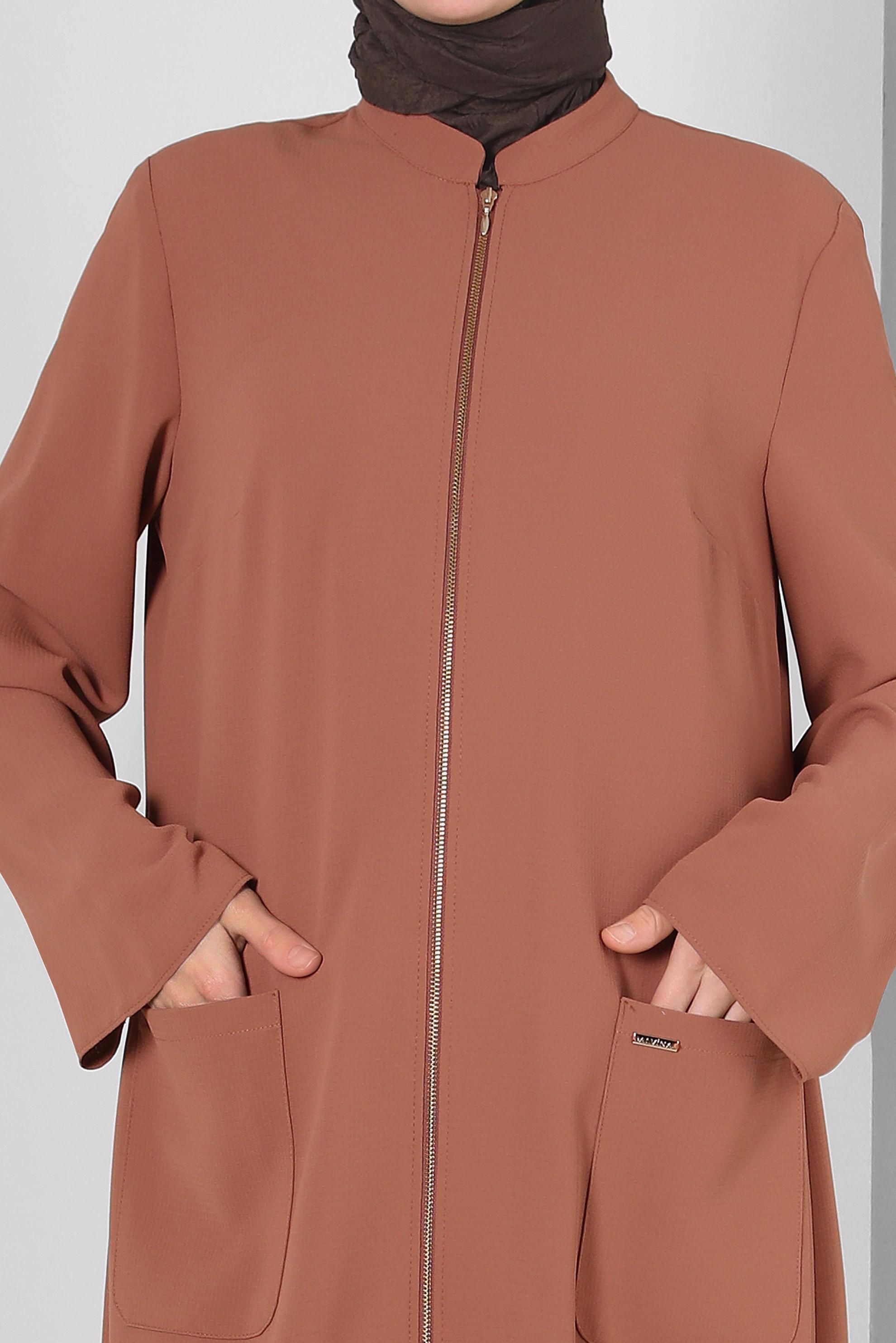 Tesettür giyim TURUNCU CEP DETAYLI FERMUARLI UZUN TUNİK 43834