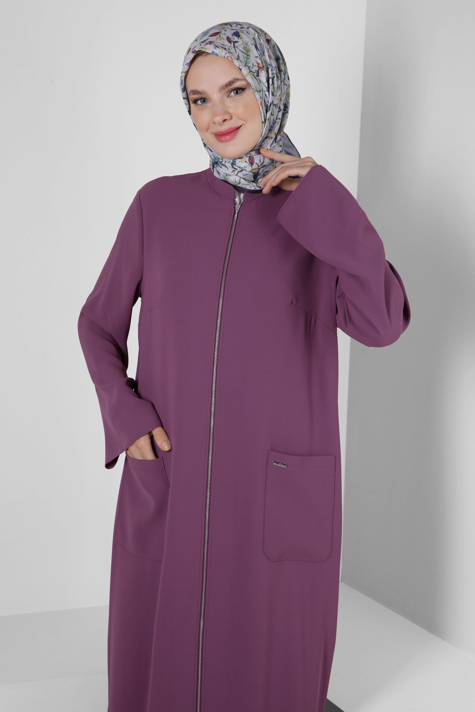 Tesettür giyim MOR CEP DETAYLI FERMUARLI UZUN TUNİK 43834