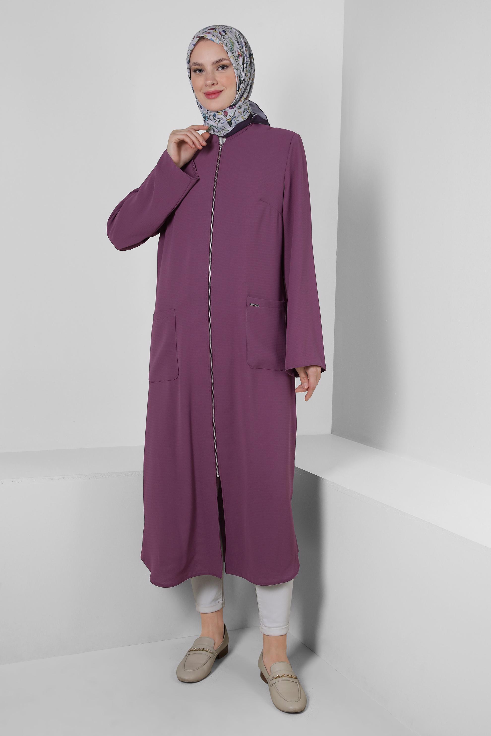 Tesettür giyim MOR CEP DETAYLI FERMUARLI UZUN TUNİK 43834