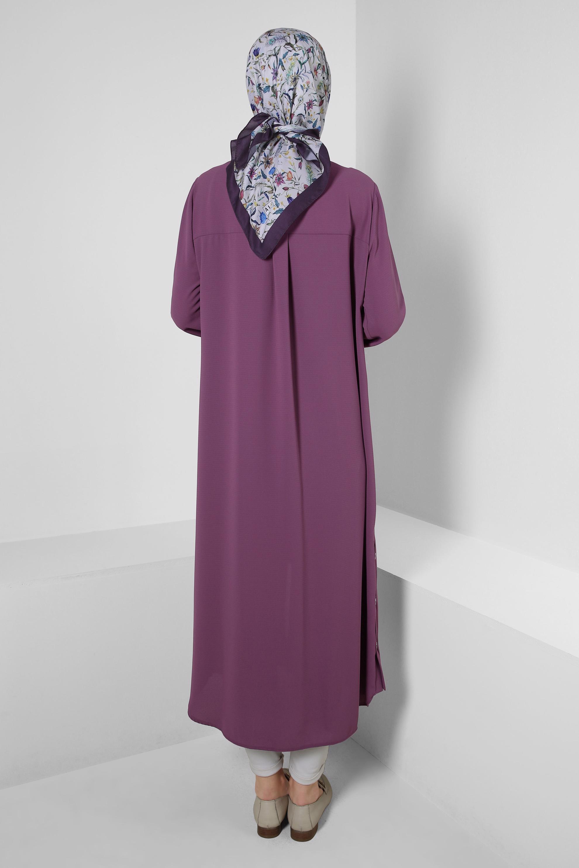 Tesettür giyim MOR CEP DETAYLI FERMUARLI UZUN TUNİK 43834