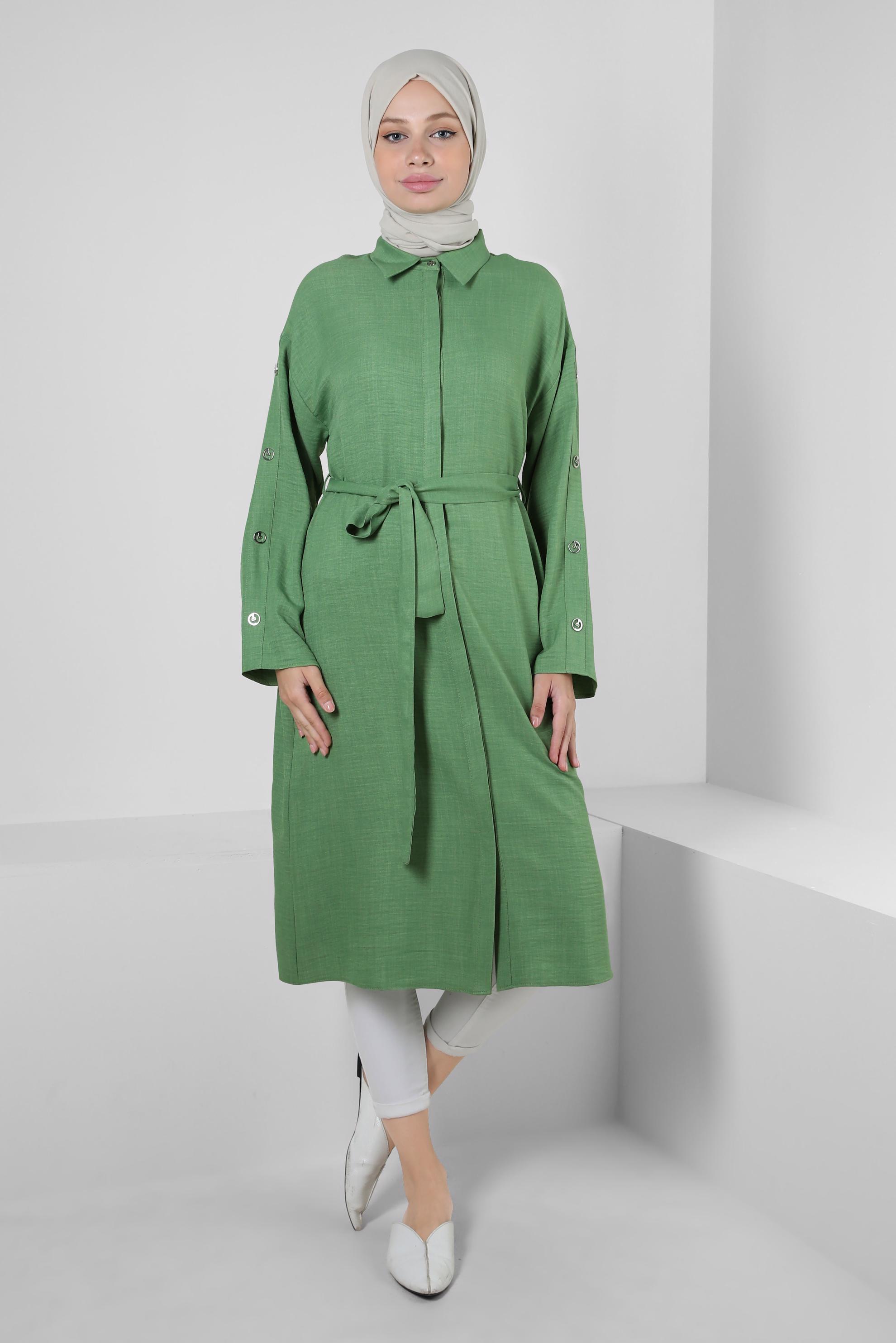 Tesettür giyim YEŞİL KUŞAKLI DÜĞME DETAYLI TUNİK 43835