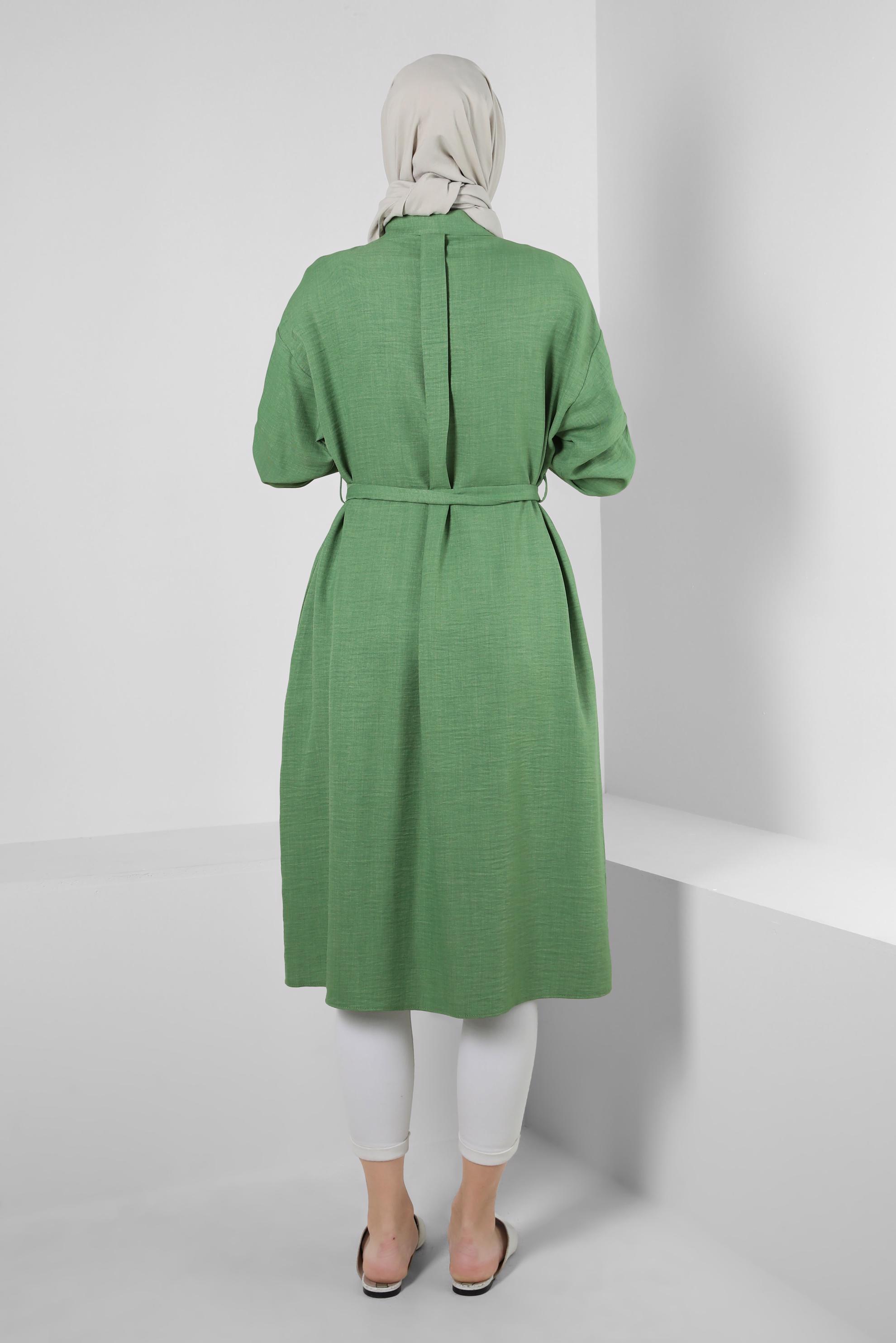 Tesettür giyim YEŞİL KUŞAKLI DÜĞME DETAYLI TUNİK 43835