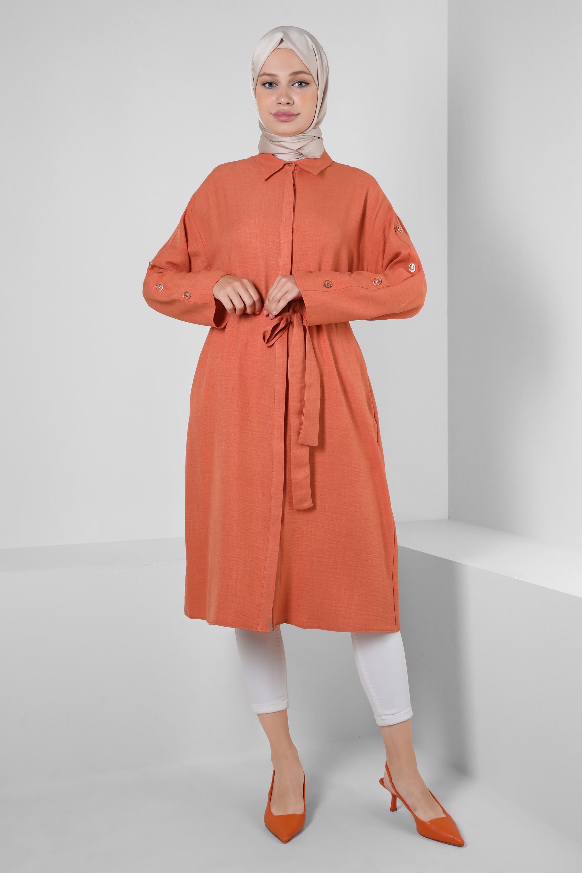 Tesettür giyim TURUNCU KUŞAKLI DÜĞME DETAYLI TUNİK 43835