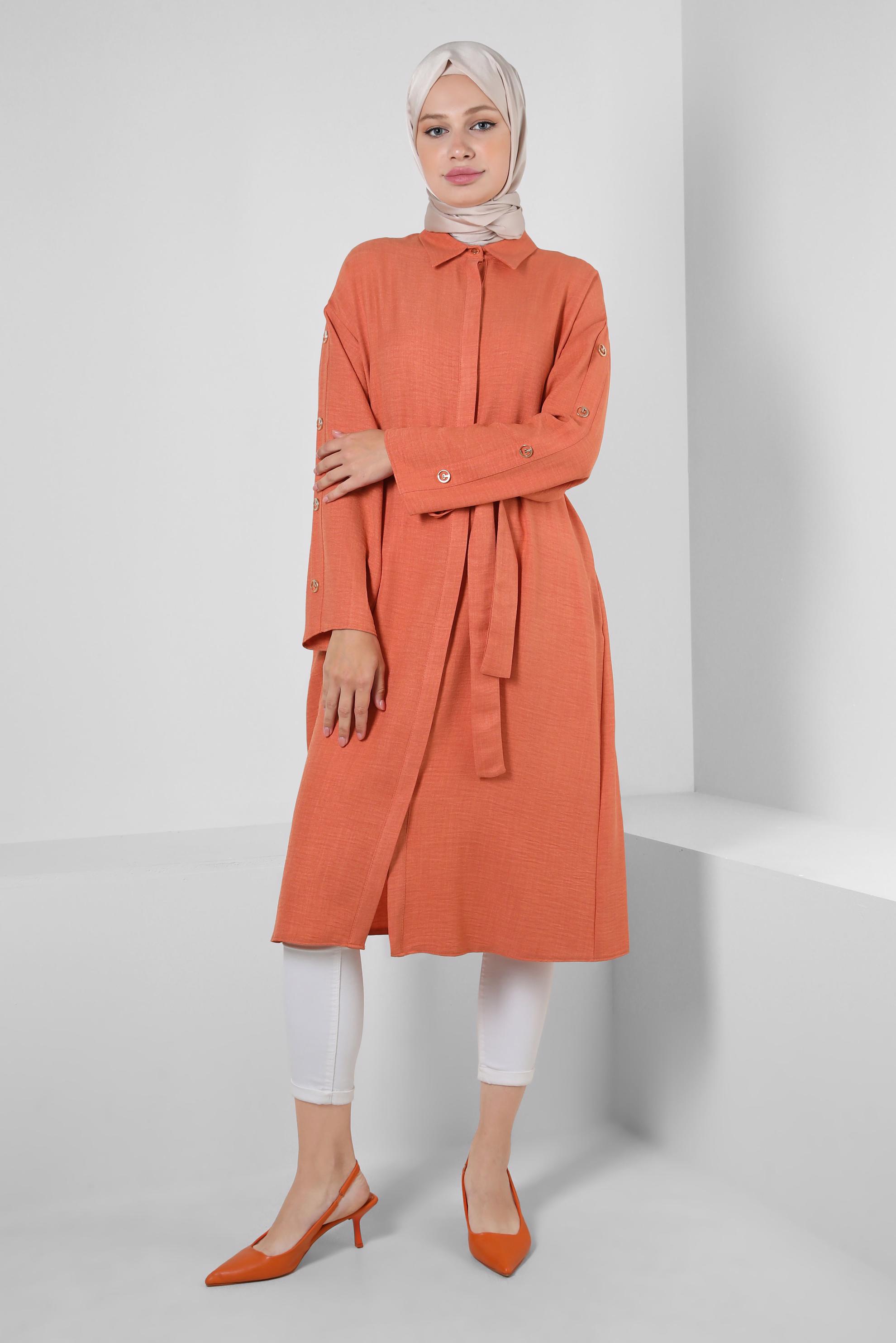 Tesettür giyim TURUNCU KUŞAKLI DÜĞME DETAYLI TUNİK 43835