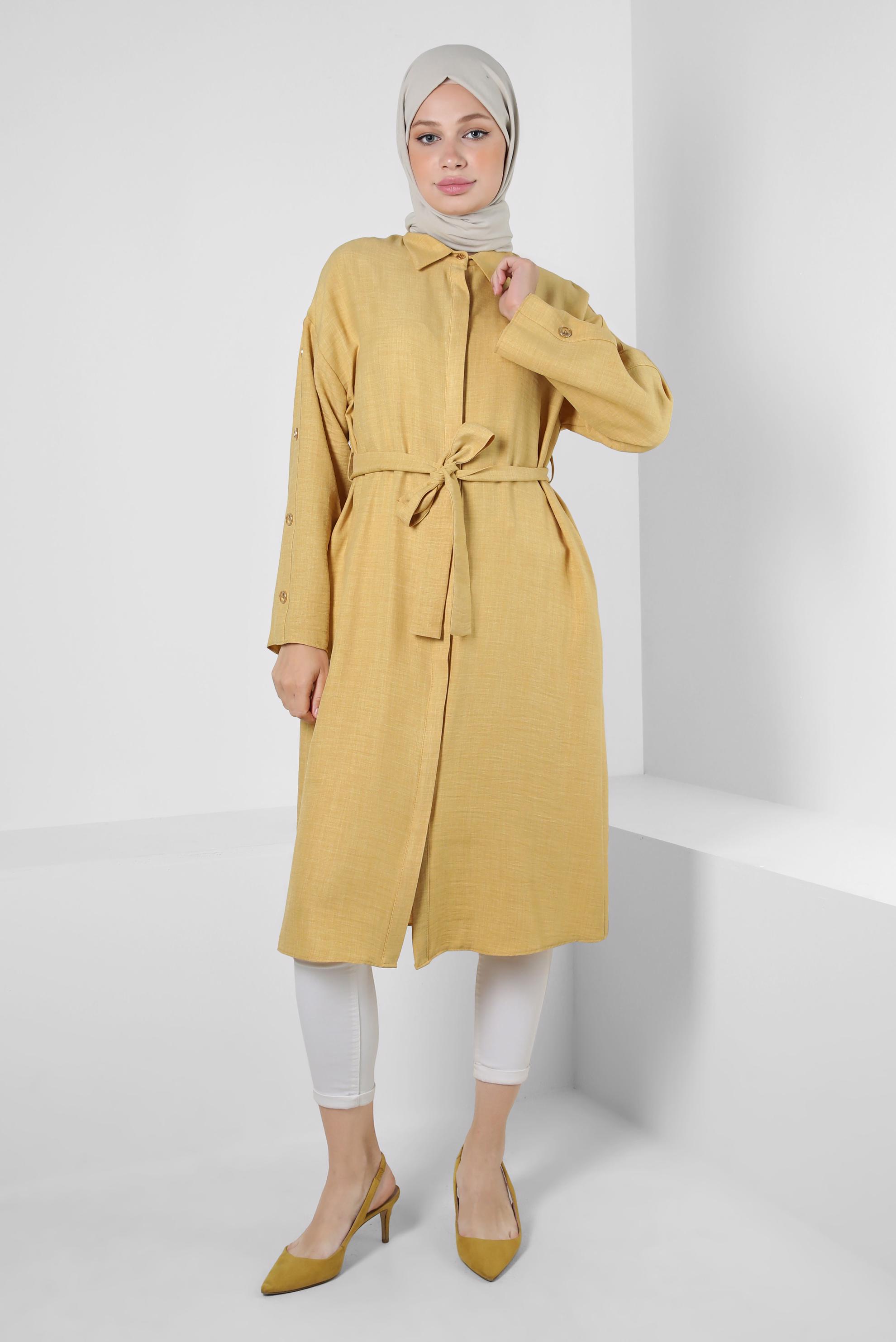 Tesettür giyim SARI KUŞAKLI DÜĞME DETAYLI TUNİK 43835