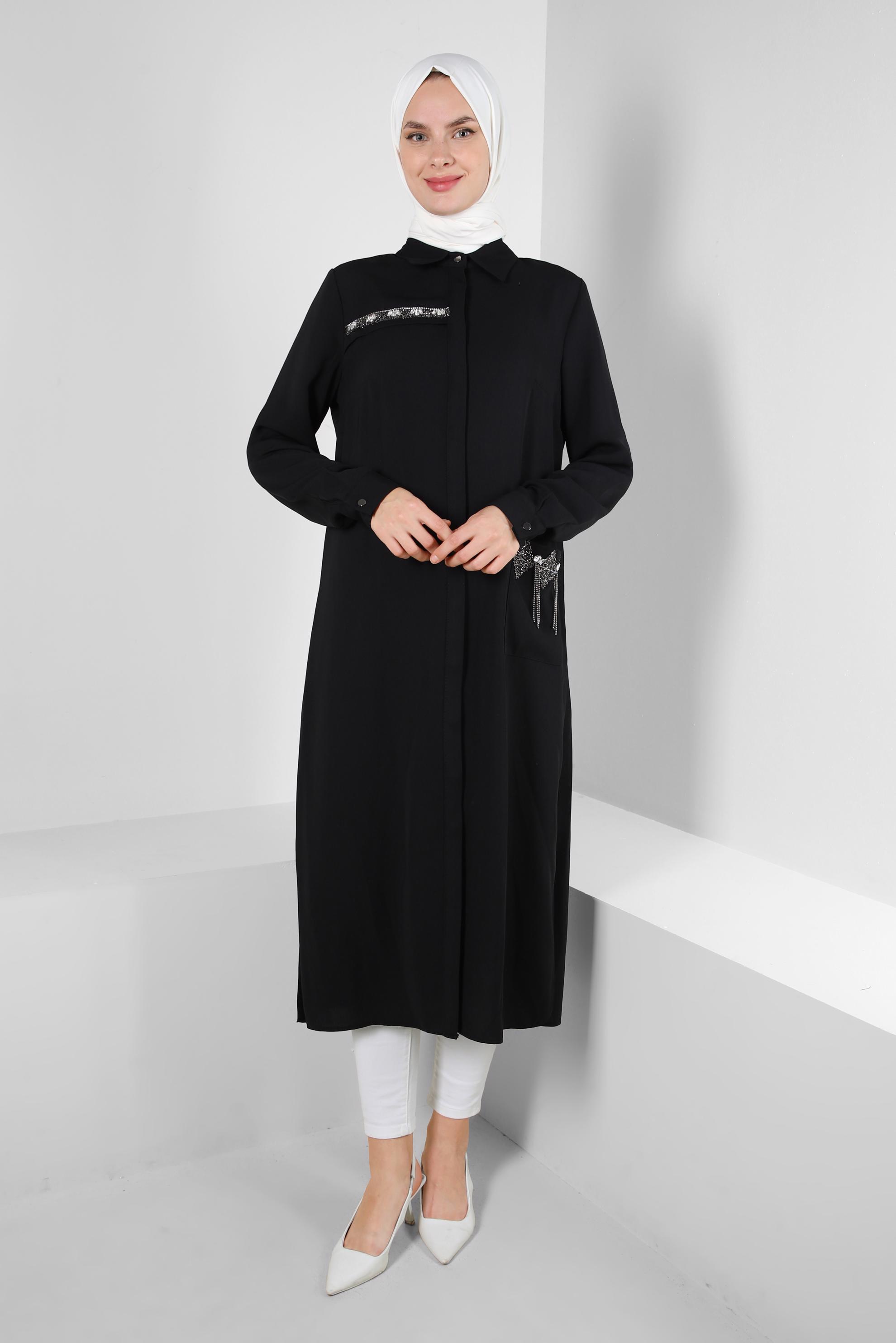 Tesettür giyim SİYAH GİZLİ PATLI TAŞ BASKILI CEPLİ TUNİK 43836