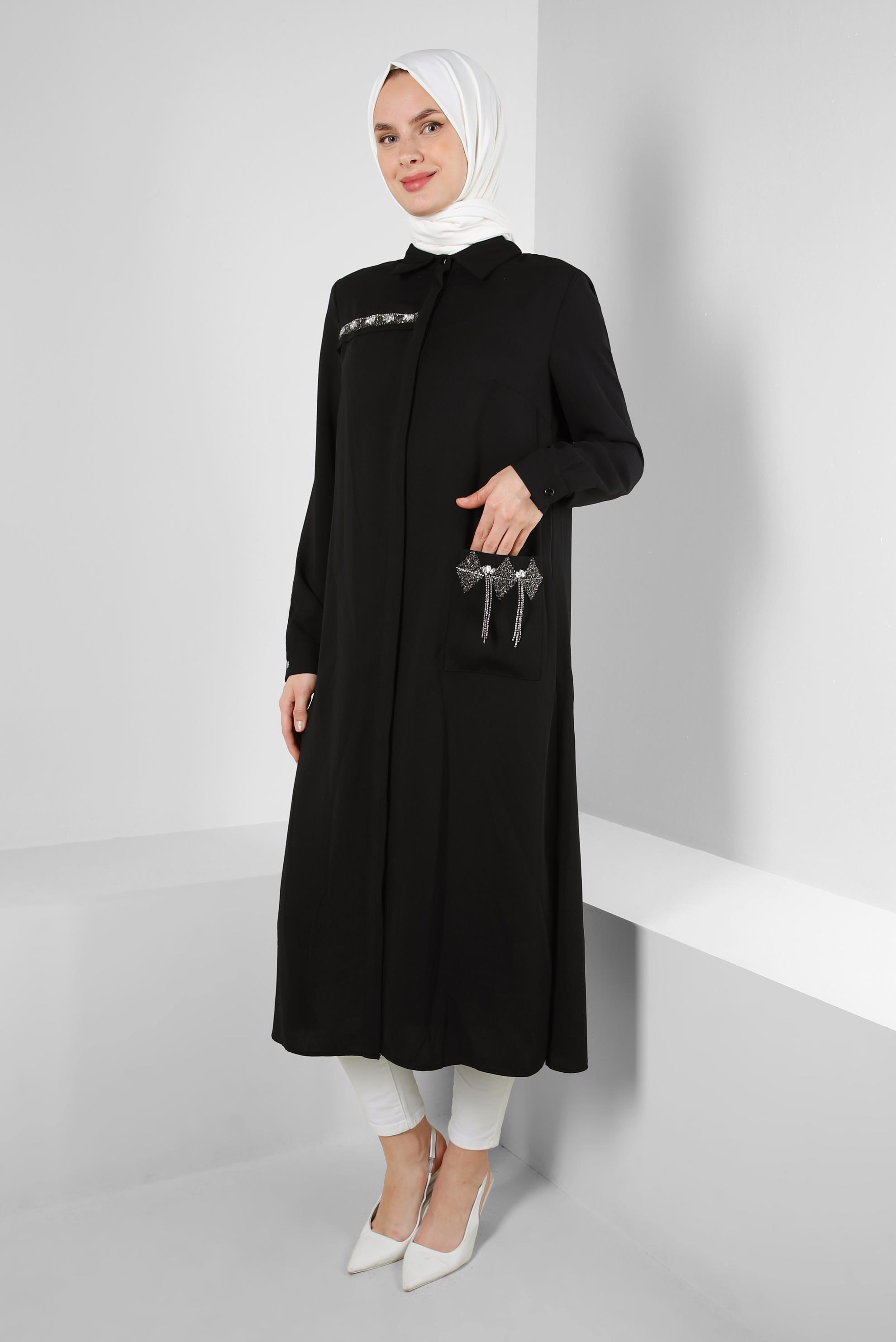Tesettür giyim SİYAH GİZLİ PATLI TAŞ BASKILI CEPLİ TUNİK 43836