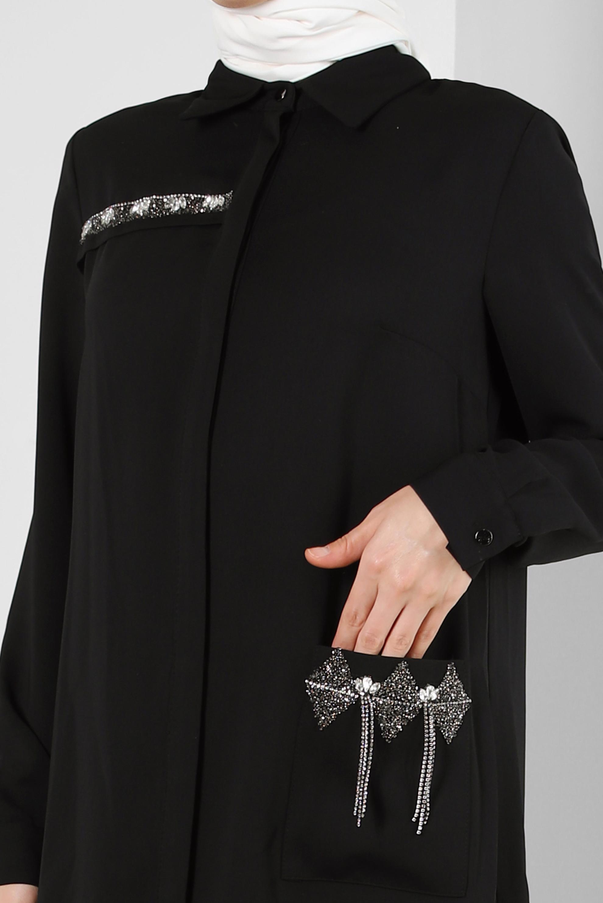 Tesettür giyim SİYAH GİZLİ PATLI TAŞ BASKILI CEPLİ TUNİK 43836