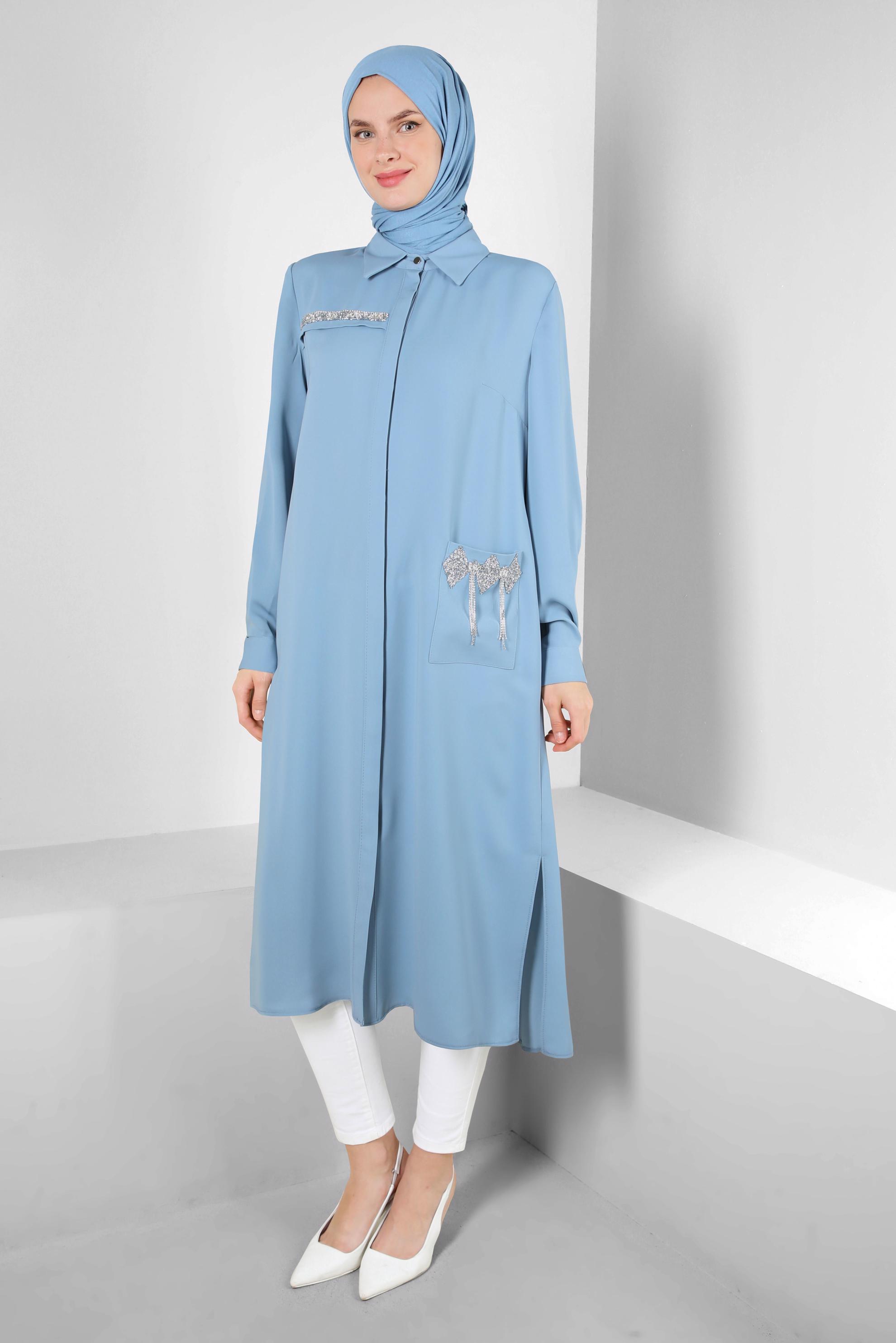 Tesettür giyim MAVİ GİZLİ PATLI TAŞ BASKILI CEPLİ TUNİK 43836