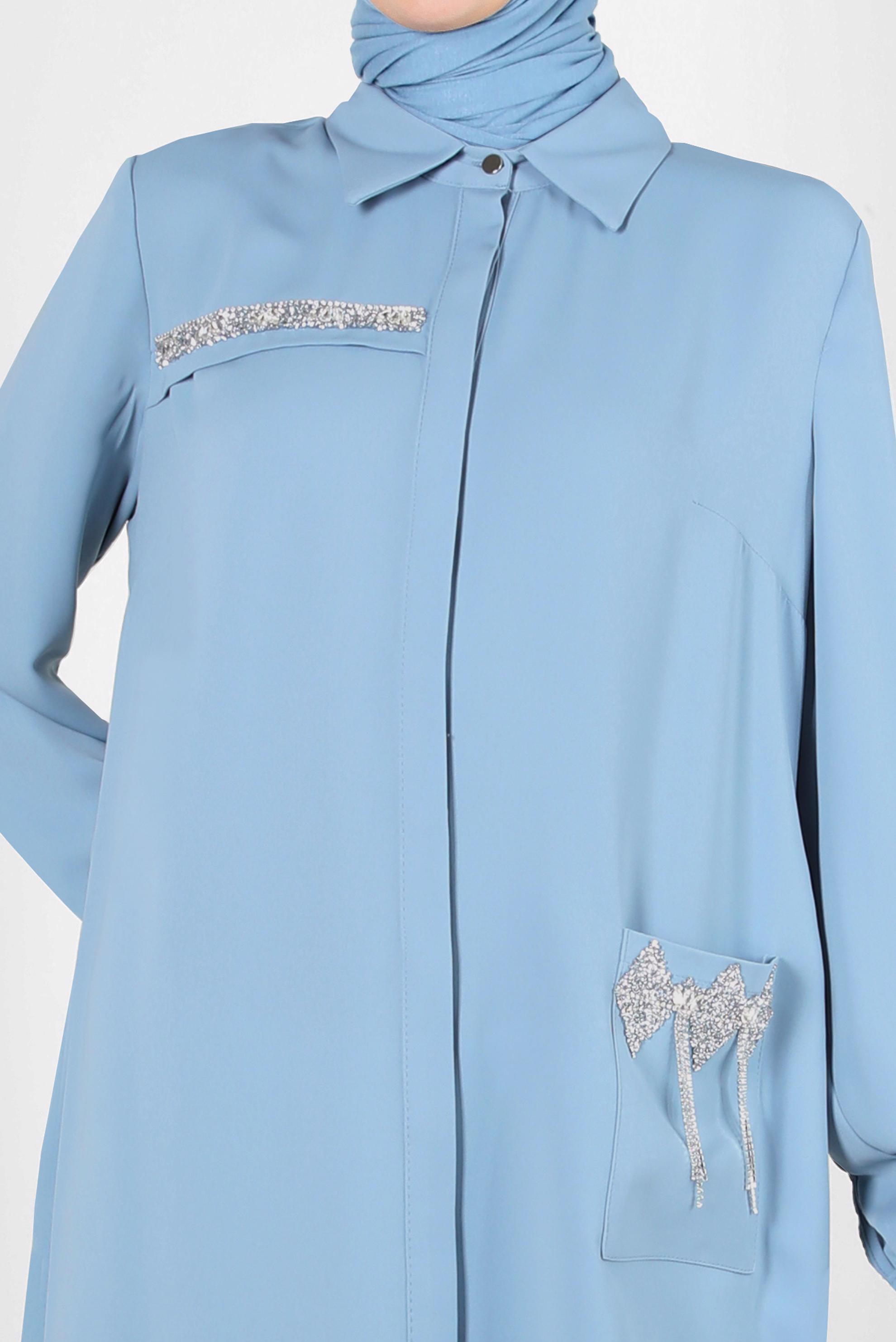 Tesettür giyim MAVİ GİZLİ PATLI TAŞ BASKILI CEPLİ TUNİK 43836