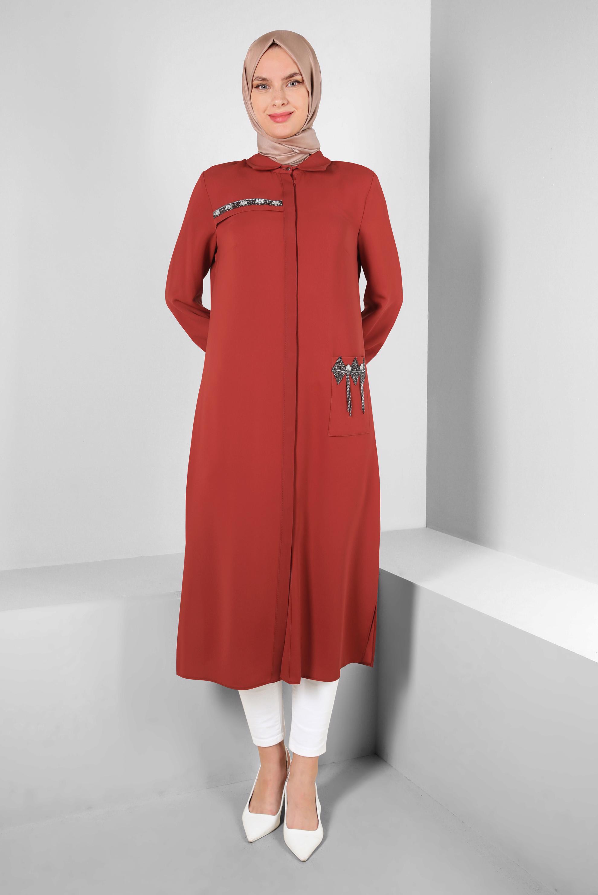 Tesettür giyim TURUNCU GİZLİ PATLI TAŞ BASKILI CEPLİ TUNİK 43836