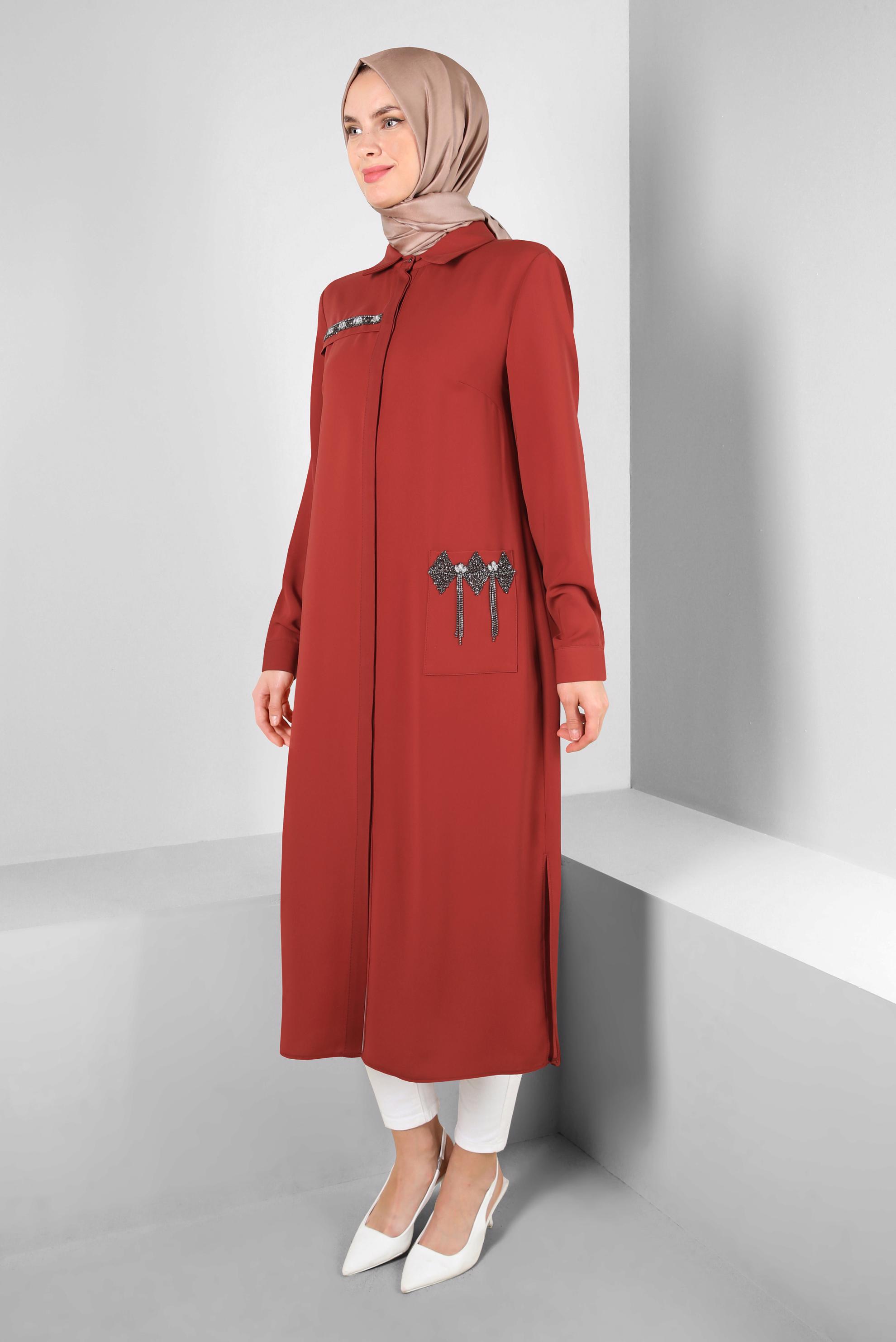 Tesettür giyim TURUNCU GİZLİ PATLI TAŞ BASKILI CEPLİ TUNİK 43836