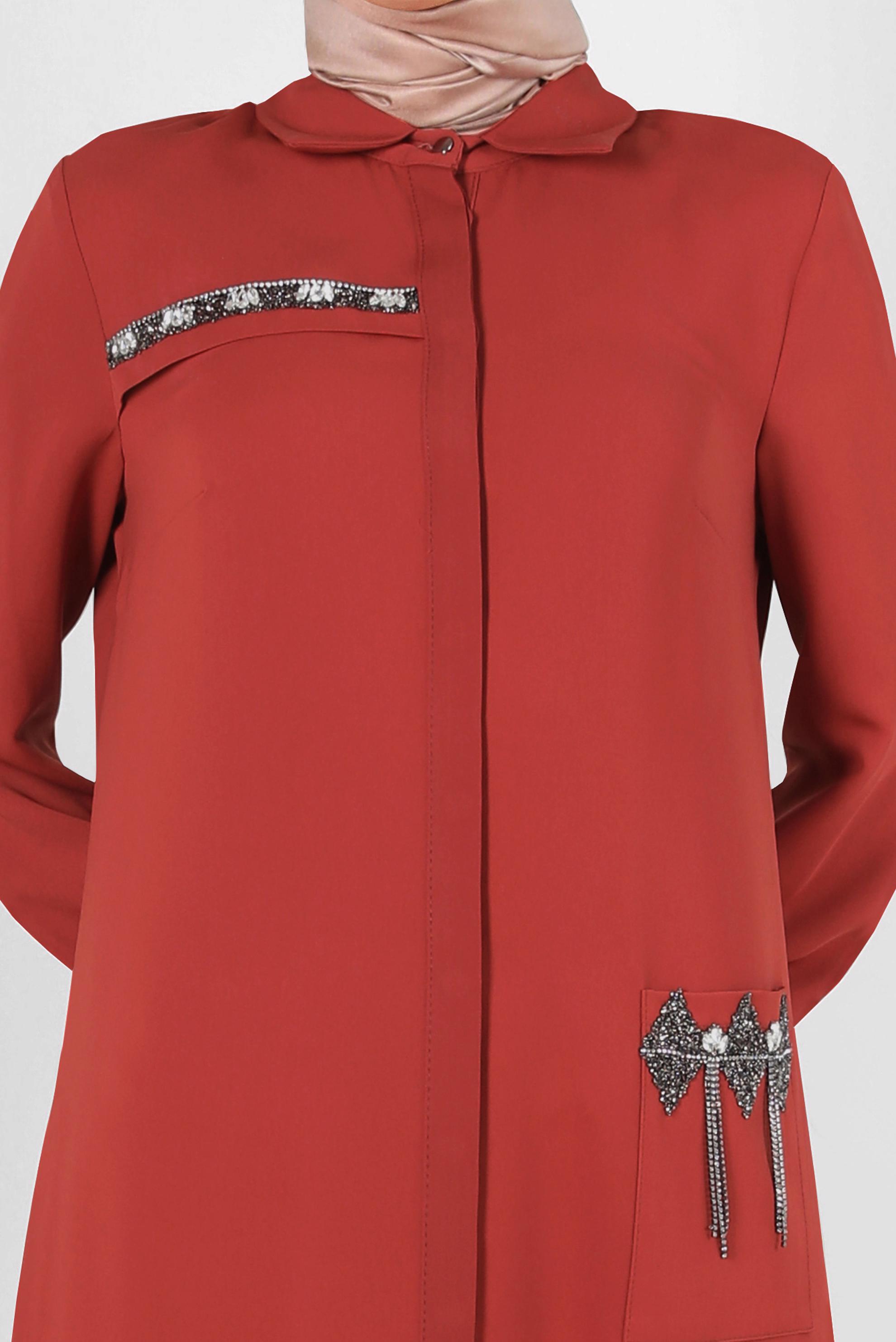 Tesettür giyim TURUNCU GİZLİ PATLI TAŞ BASKILI CEPLİ TUNİK 43836