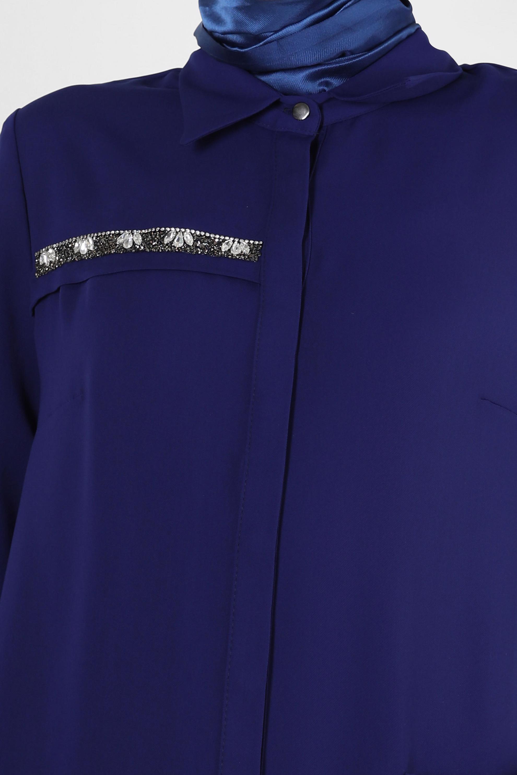 Tesettür giyim LACİVERT GİZLİ PATLI TAŞ BASKILI CEPLİ TUNİK 43836