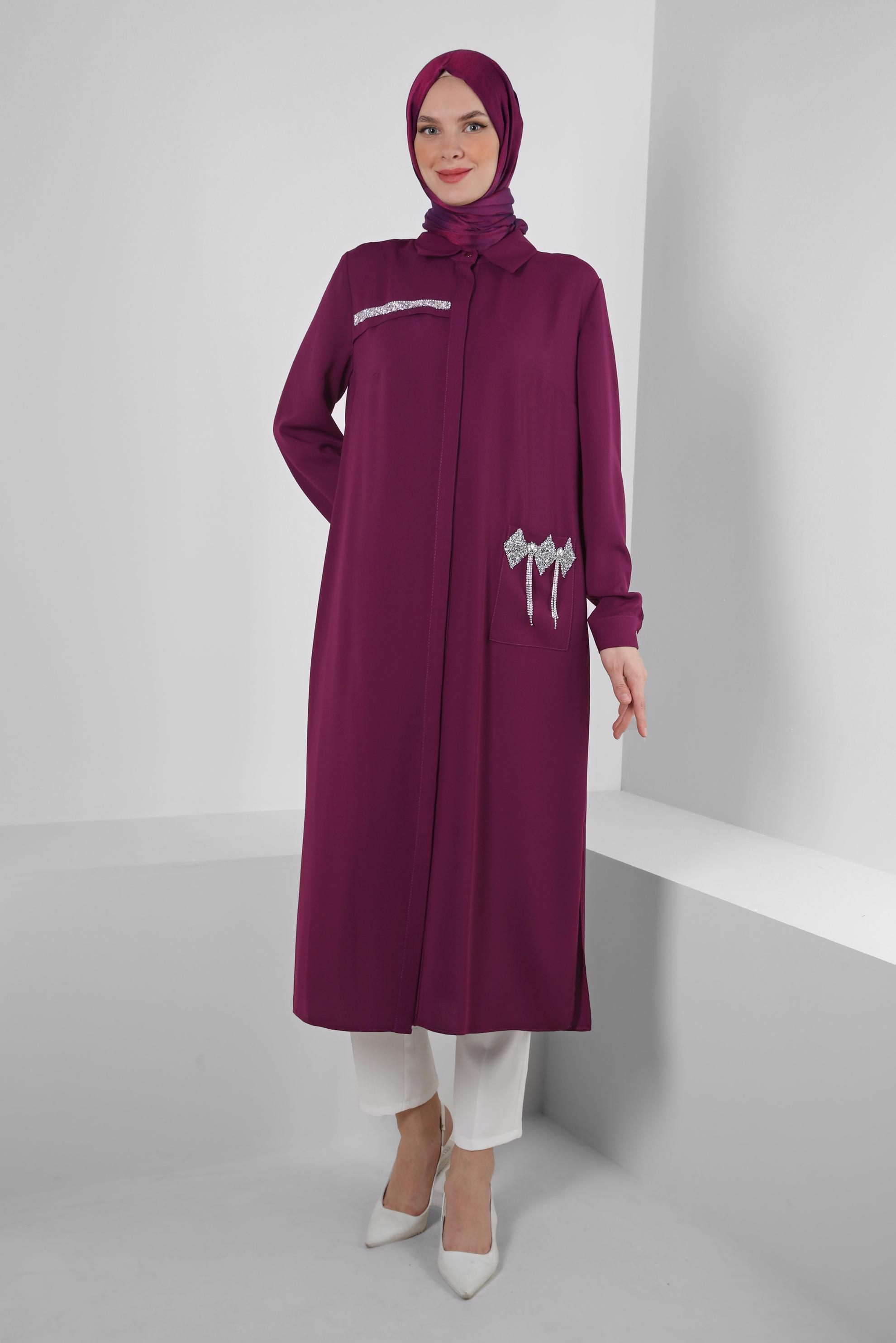 Tesettür giyim MOR GİZLİ PATLI TAŞ BASKILI CEPLİ TUNİK 43836