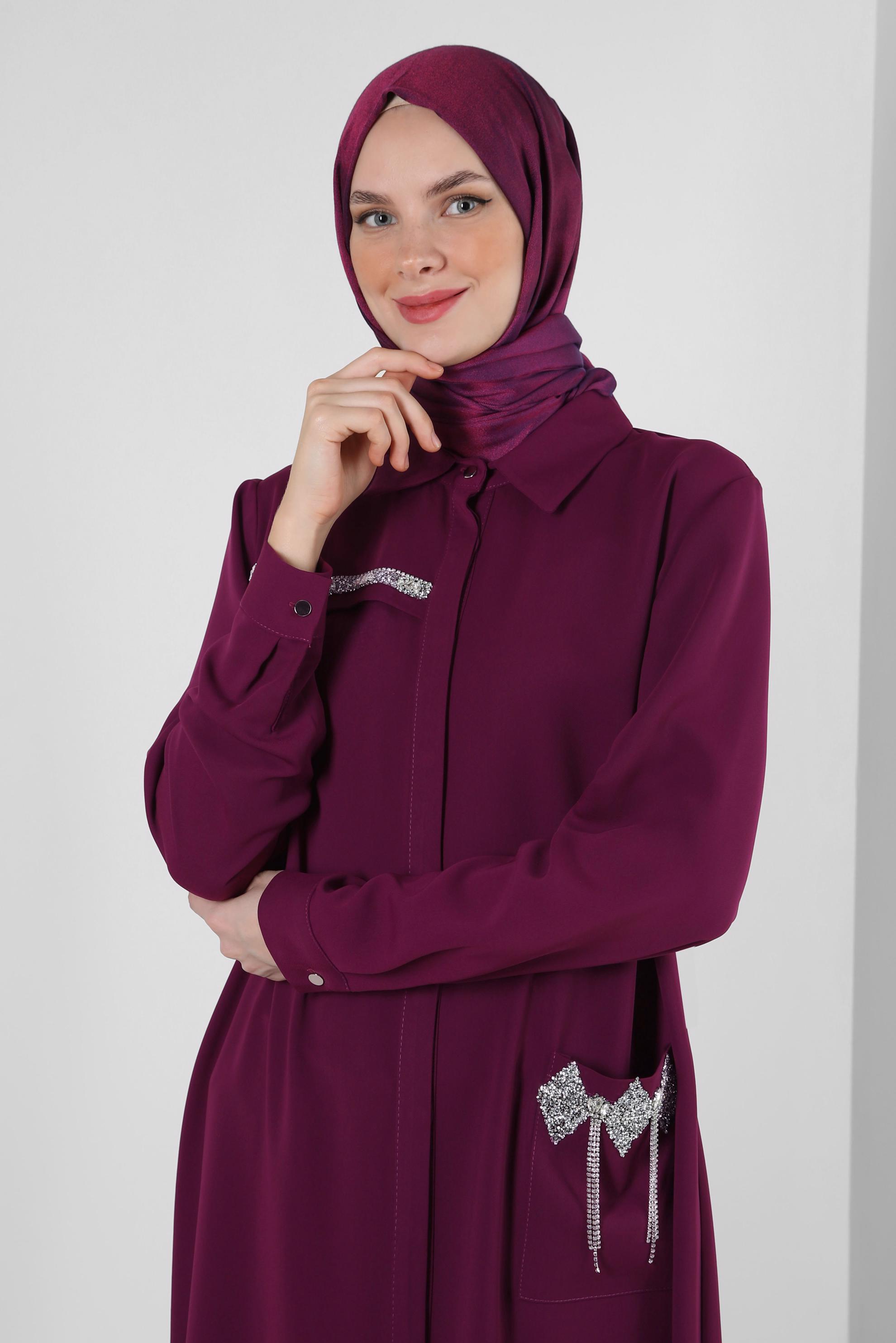 Tesettür giyim MOR GİZLİ PATLI TAŞ BASKILI CEPLİ TUNİK 43836