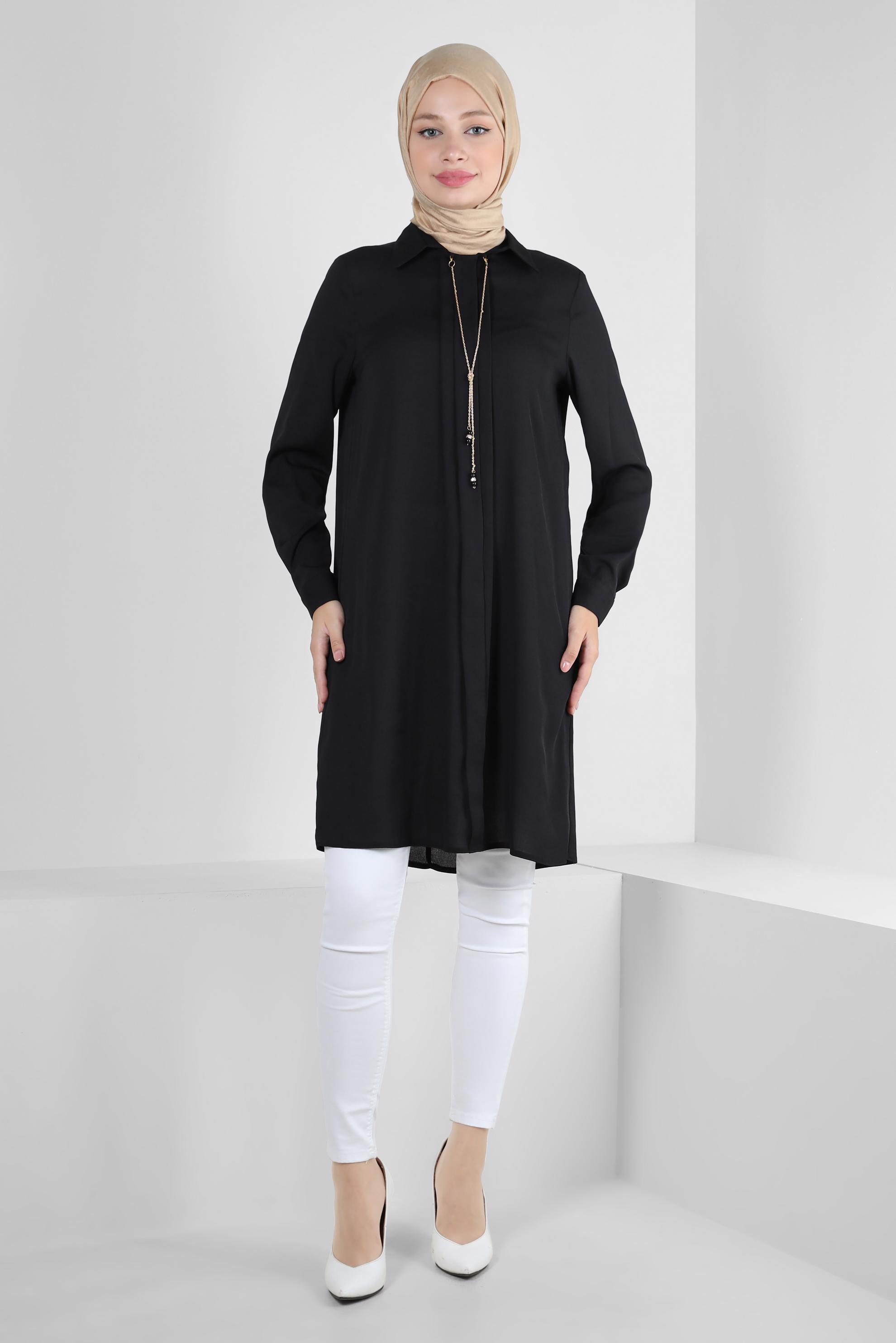 Tesettür giyim SİYAH ZİNCİR DETAYLI DÜZ TUNİK 43837