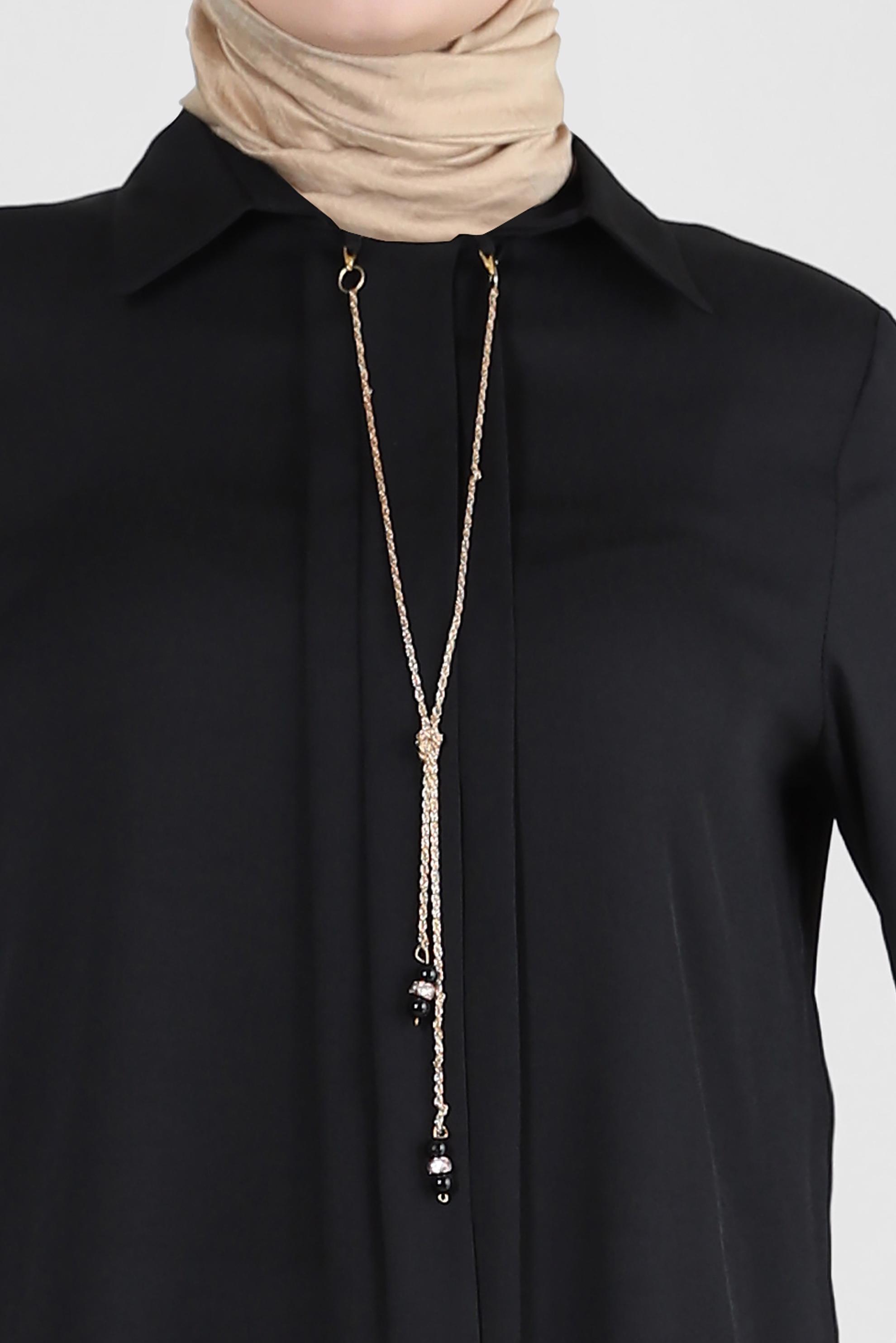 Tesettür giyim SİYAH ZİNCİR DETAYLI DÜZ TUNİK 43837