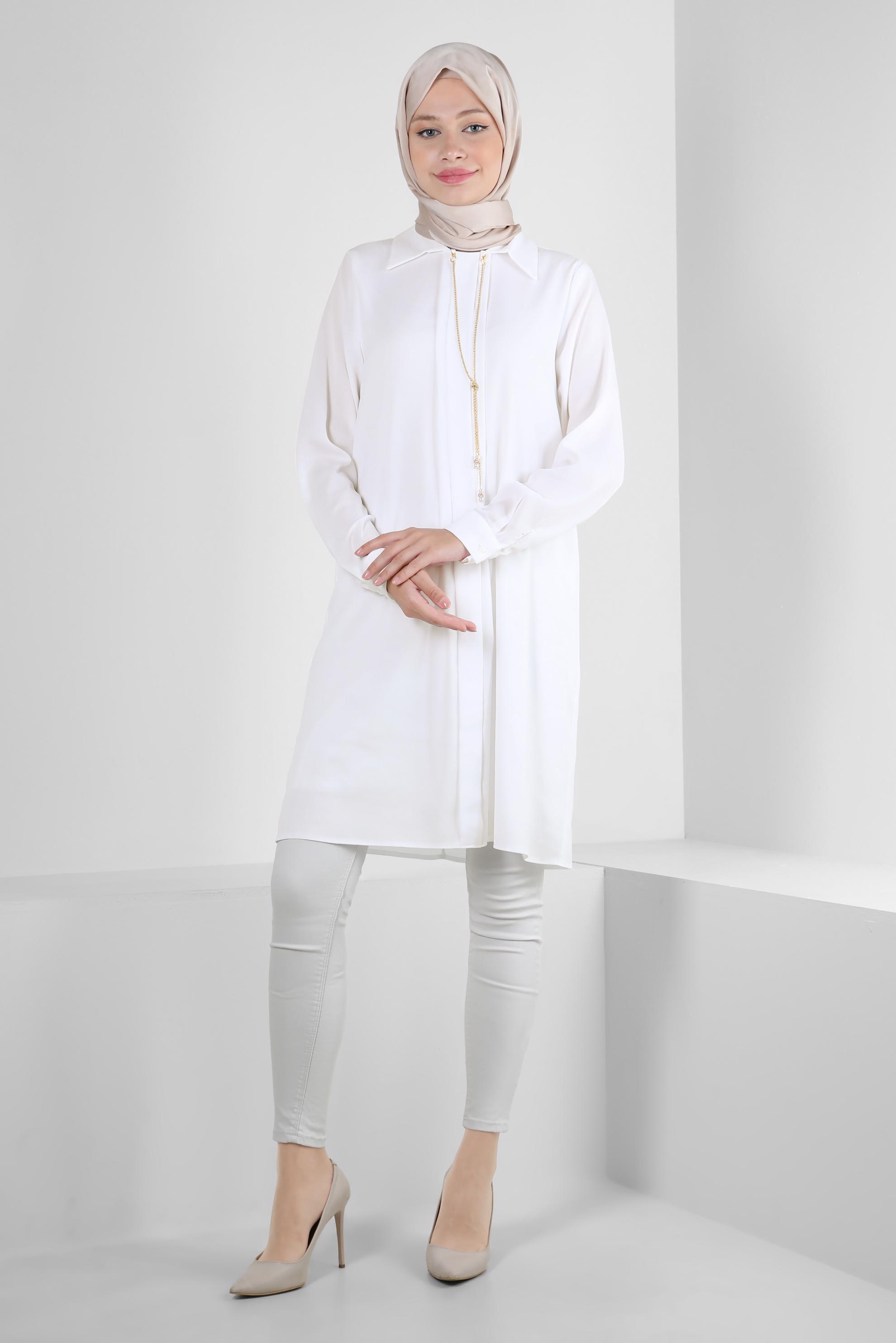 Tesettür giyim BEYAZ ZİNCİR DETAYLI DÜZ TUNİK 43837