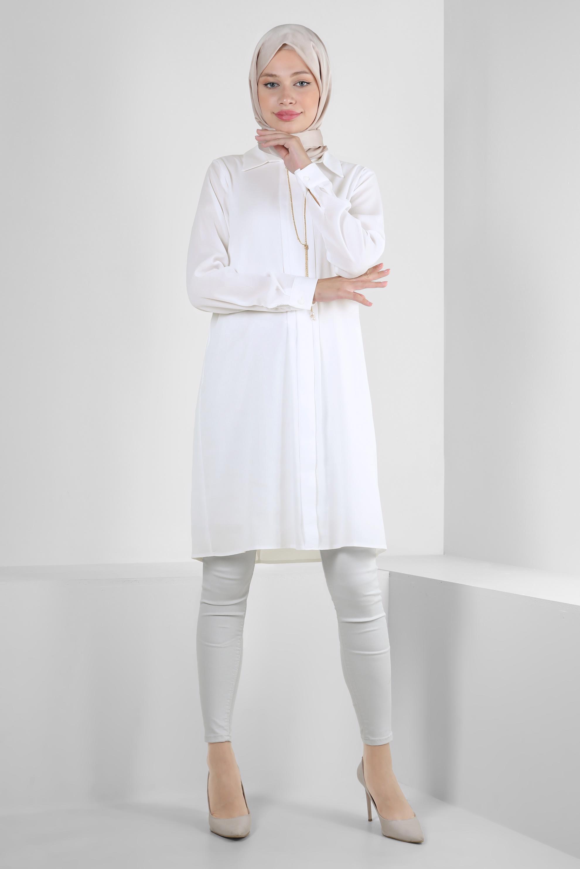 Tesettür giyim BEYAZ ZİNCİR DETAYLI DÜZ TUNİK 43837