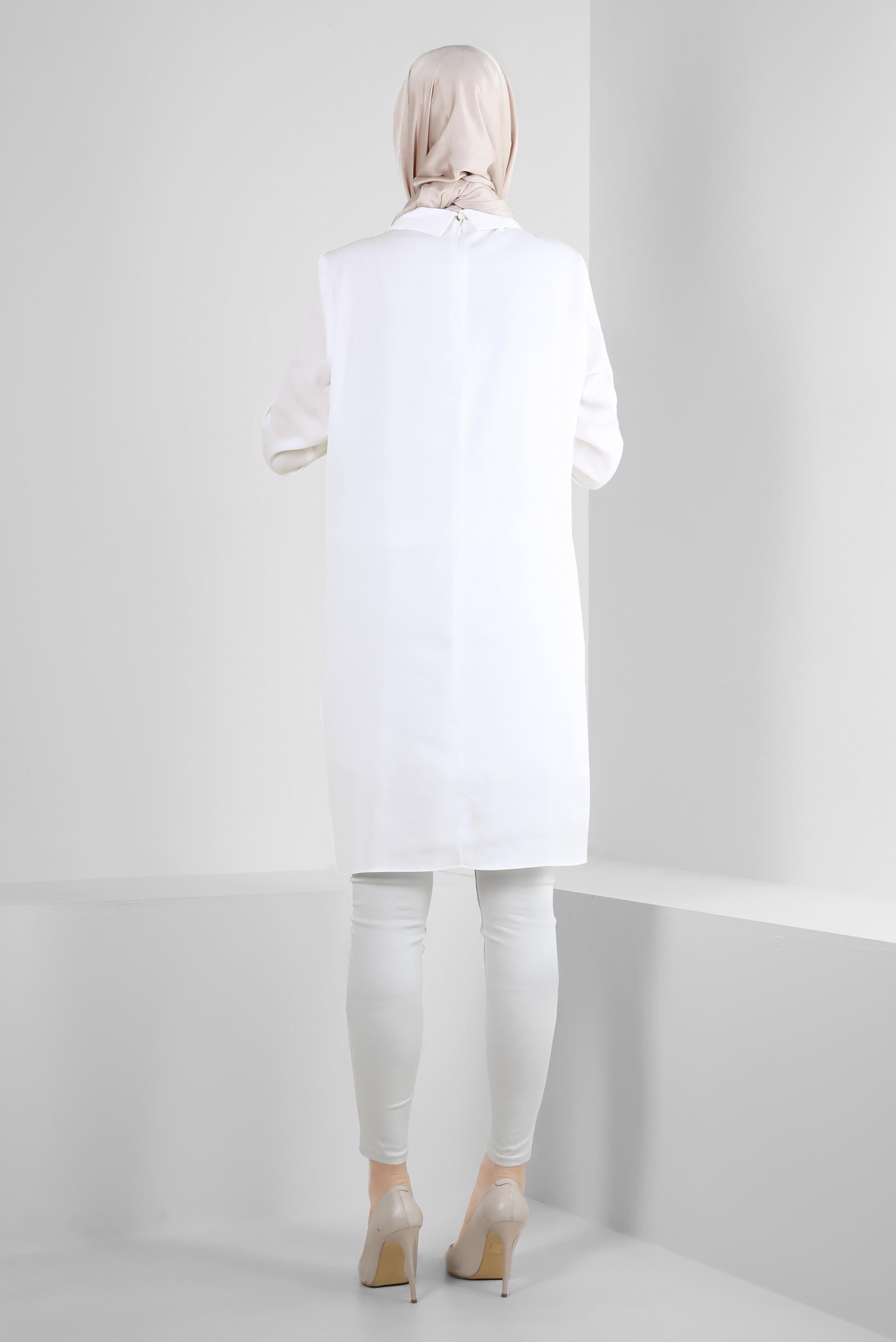 Tesettür giyim BEYAZ ZİNCİR DETAYLI DÜZ TUNİK 43837