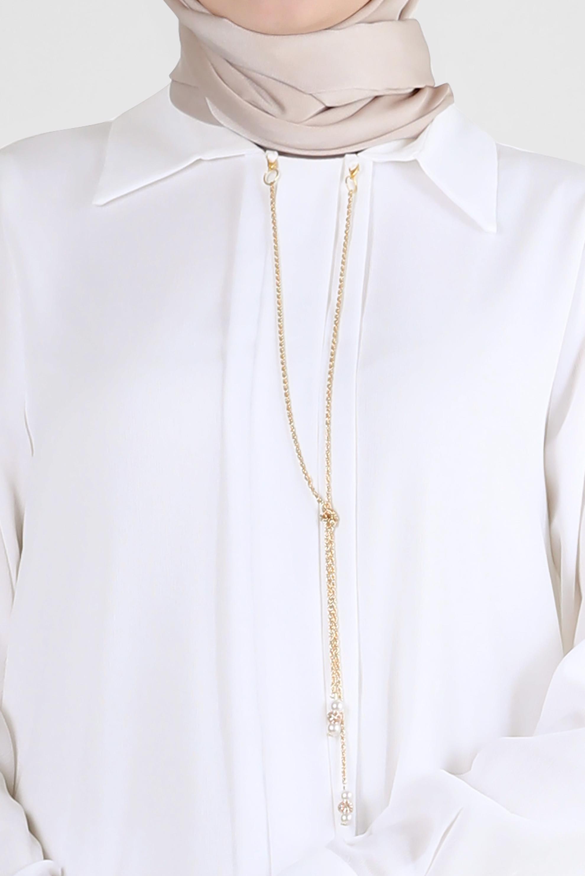 Tesettür giyim BEYAZ ZİNCİR DETAYLI DÜZ TUNİK 43837