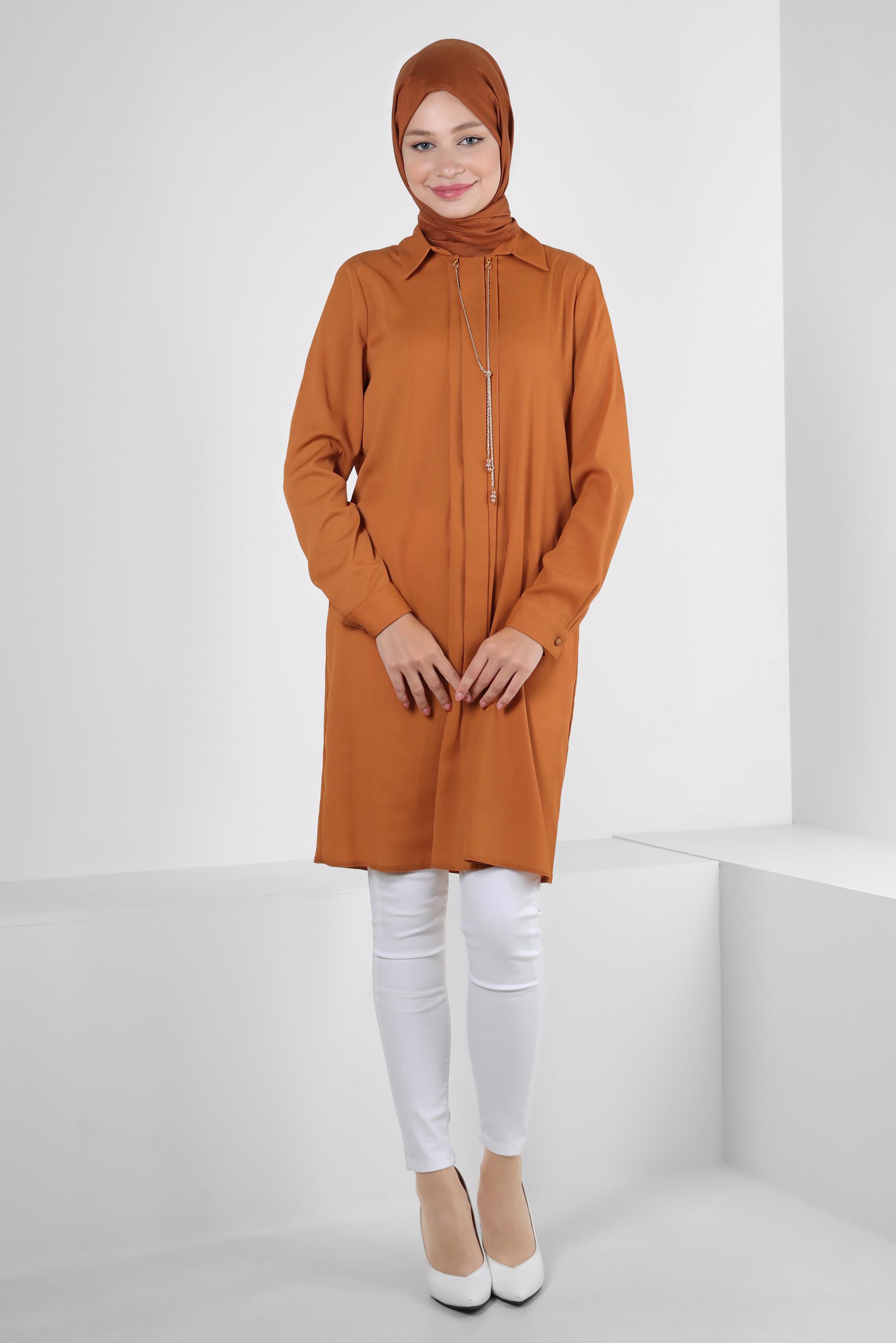 Tesettür giyim SARI ZİNCİR DETAYLI DÜZ TUNİK 43837