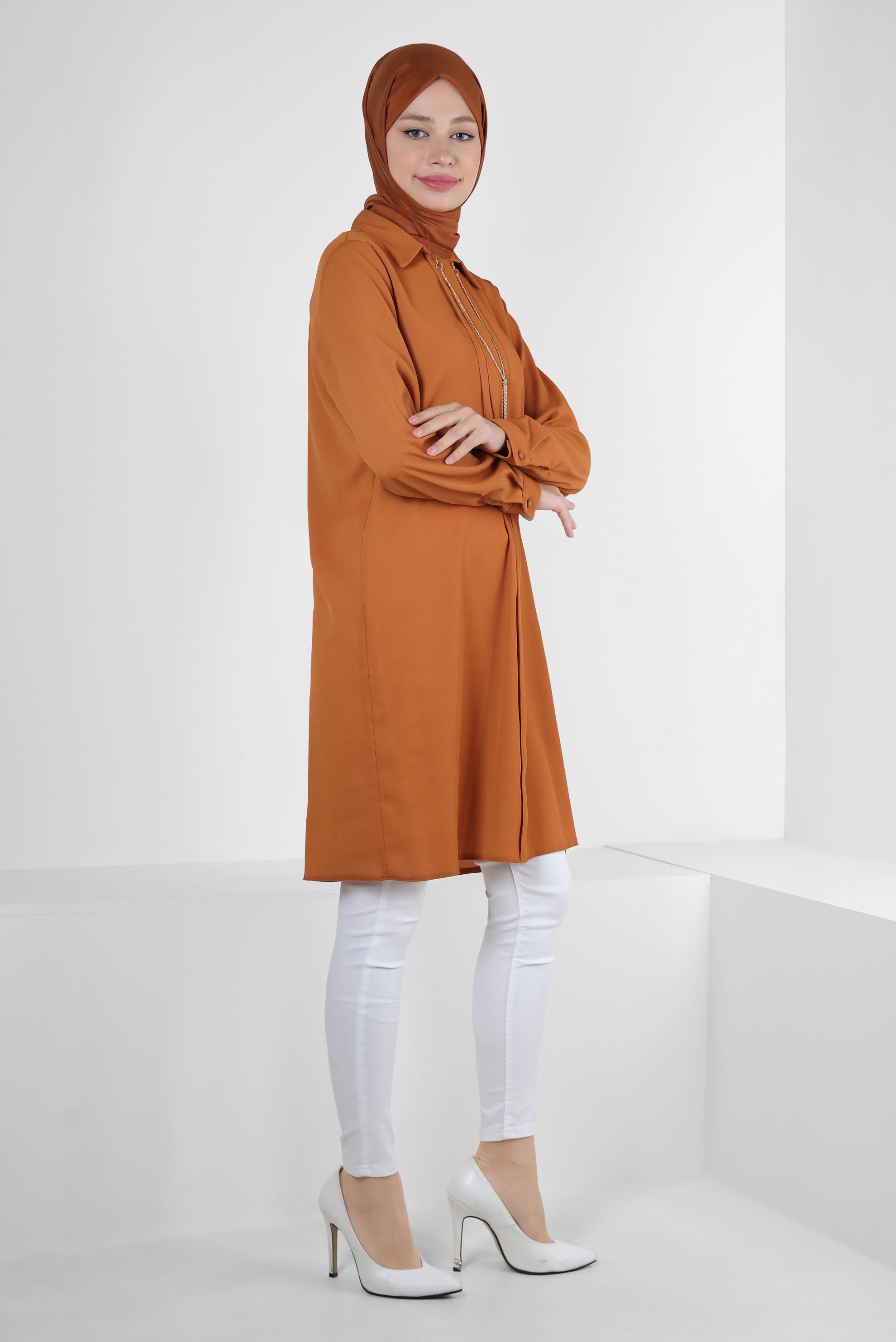 Tesettür giyim SARI ZİNCİR DETAYLI DÜZ TUNİK 43837