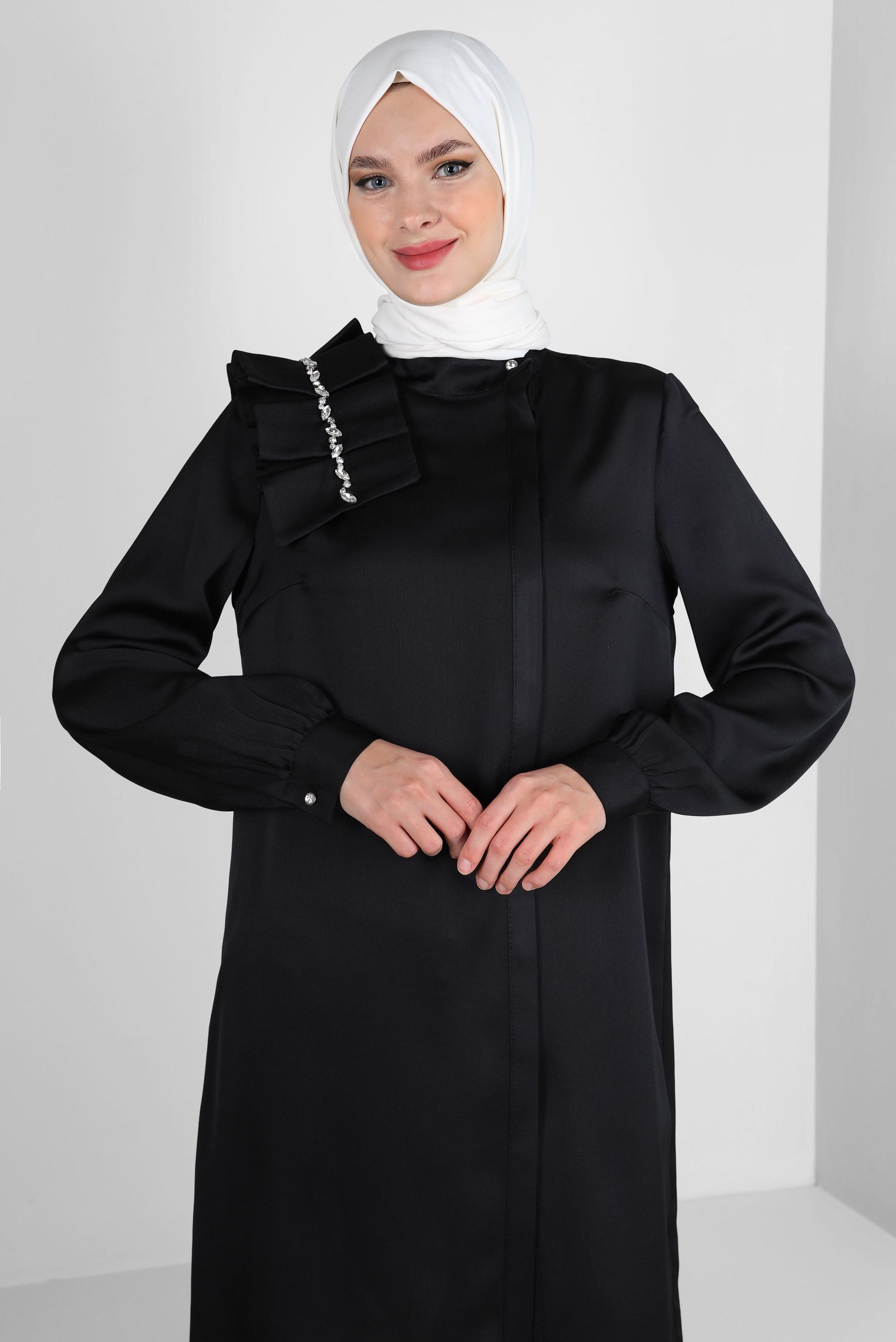 Tesettür giyim SİYAH FIRFIR DETAYLI TAŞLI SATEN TUNİK 43838