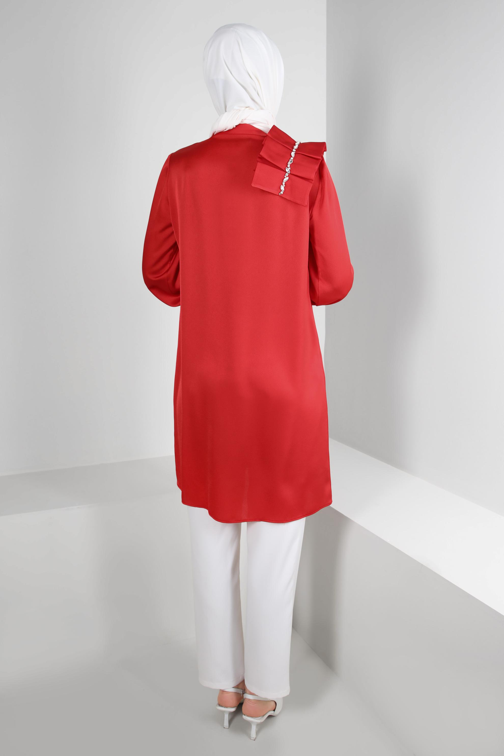 Tesettür giyim KIRMIZI FIRFIR DETAYLI TAŞLI SATEN TUNİK 43838