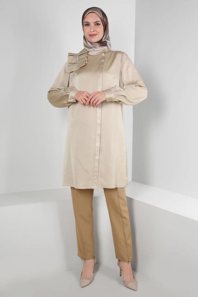 Tesettür giyim  FIRFIR DETAYLI TAŞLI SATEN TUNİK 43838 - ALVİNA