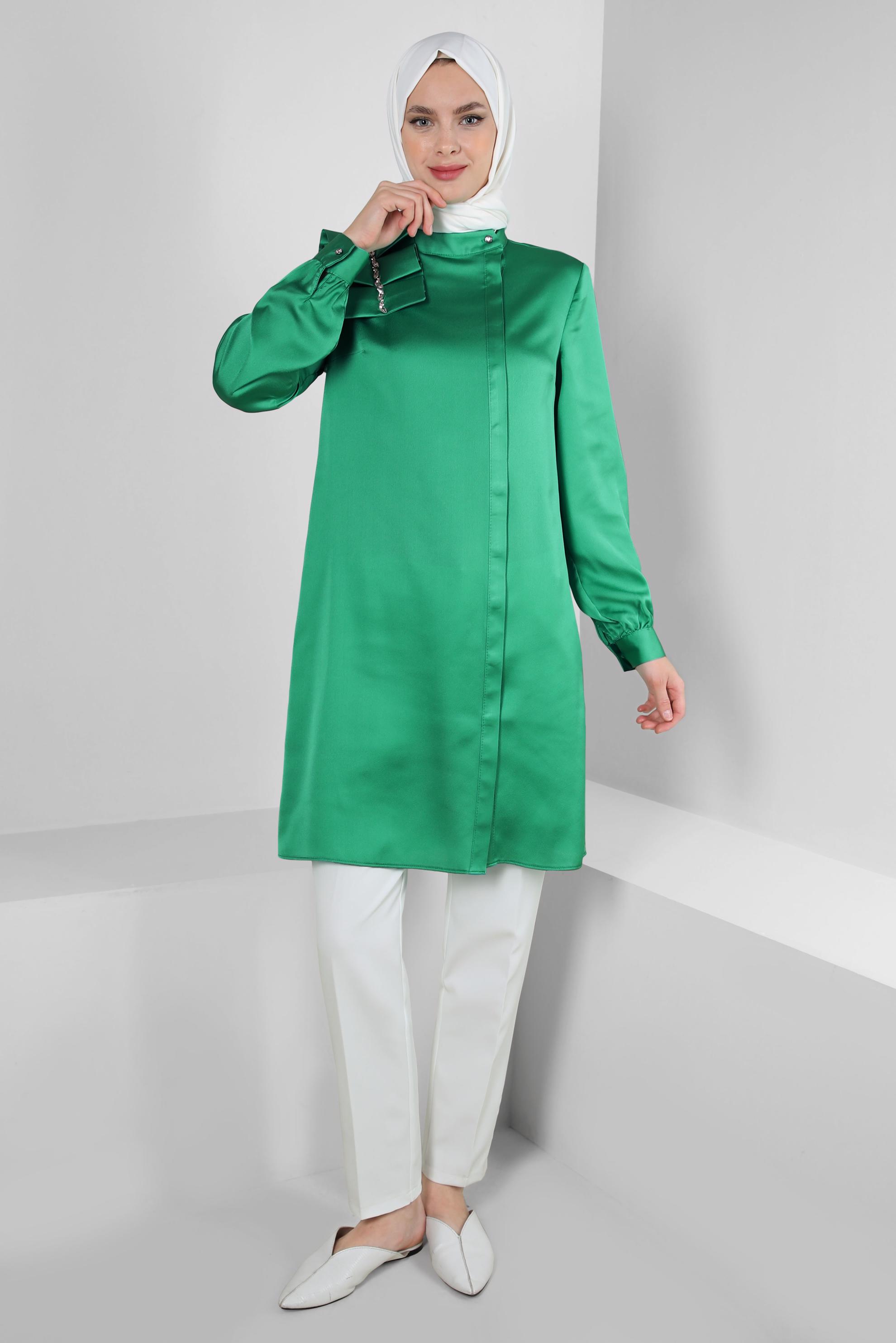 Tesettür giyim YEŞİL FIRFIR DETAYLI TAŞLI SATEN TUNİK 43838