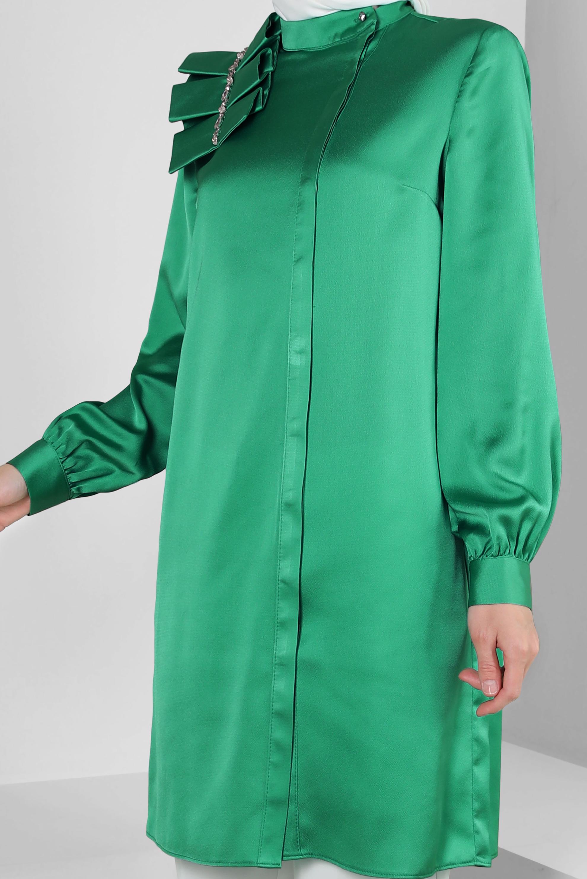 Tesettür giyim YEŞİL FIRFIR DETAYLI TAŞLI SATEN TUNİK 43838