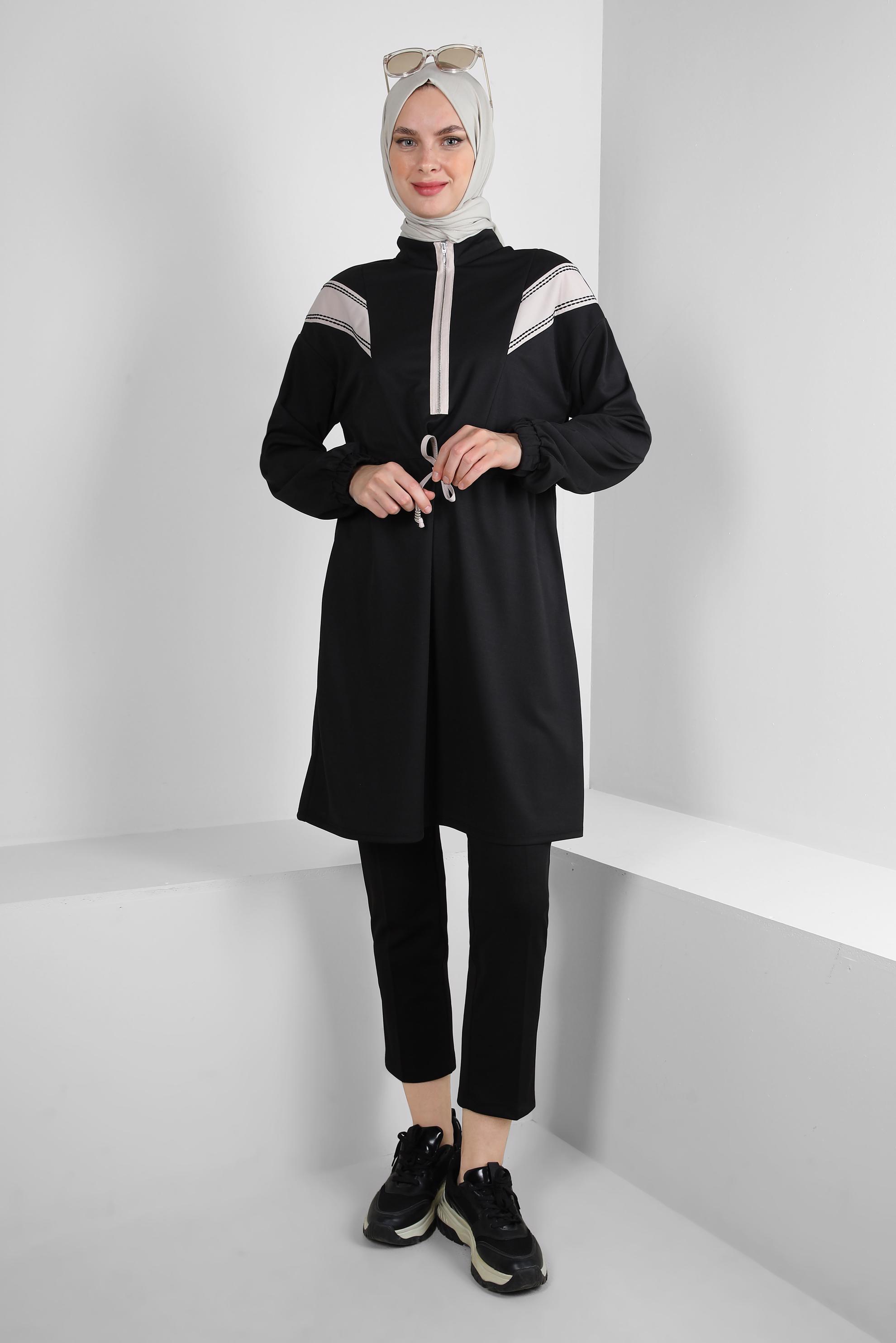 Tesettür giyim SİYAH ŞERİT DETAYLI BELİ BÜZGÜLÜ TUNİK 43840	