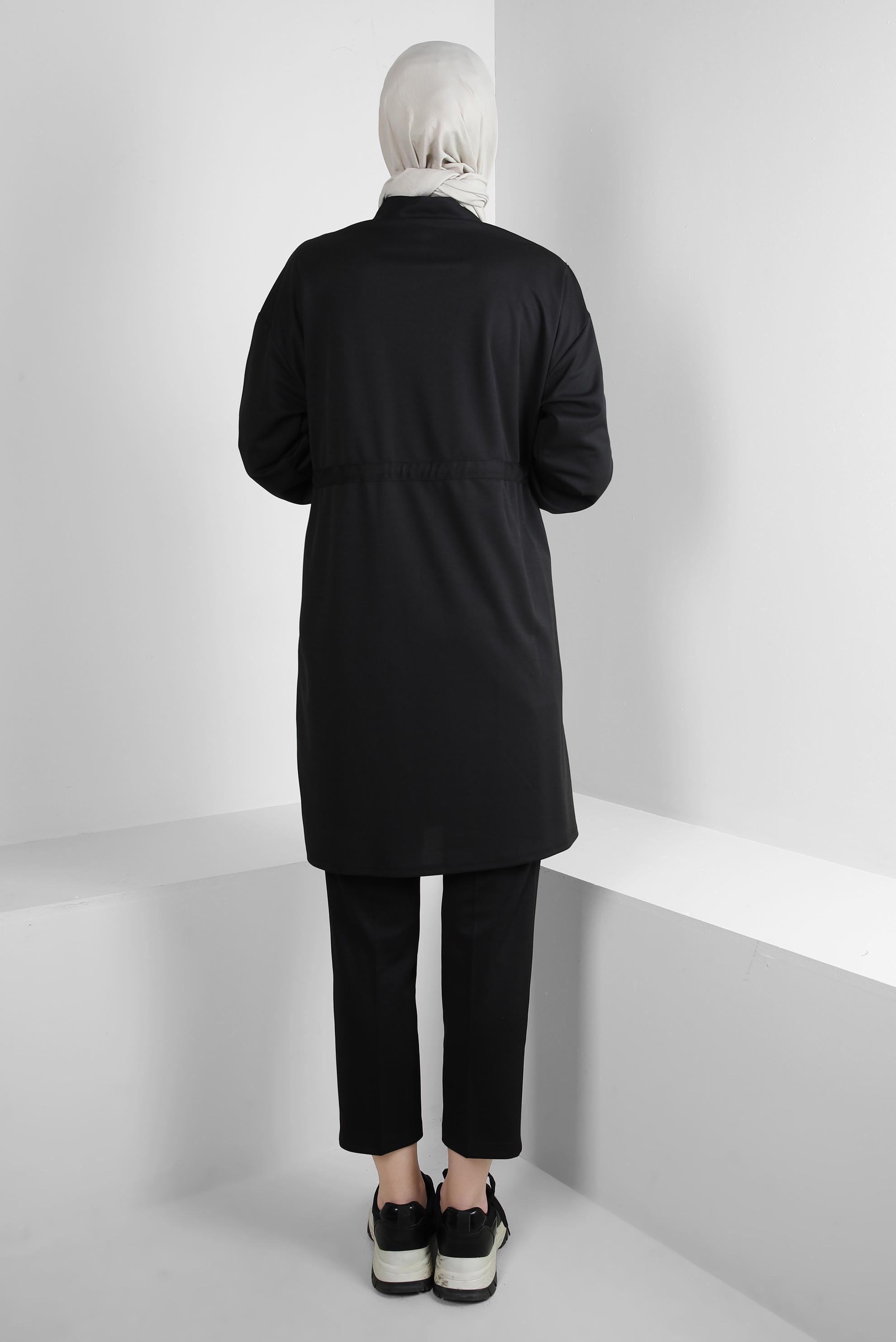 Tesettür giyim SİYAH ŞERİT DETAYLI BELİ BÜZGÜLÜ TUNİK 43840	