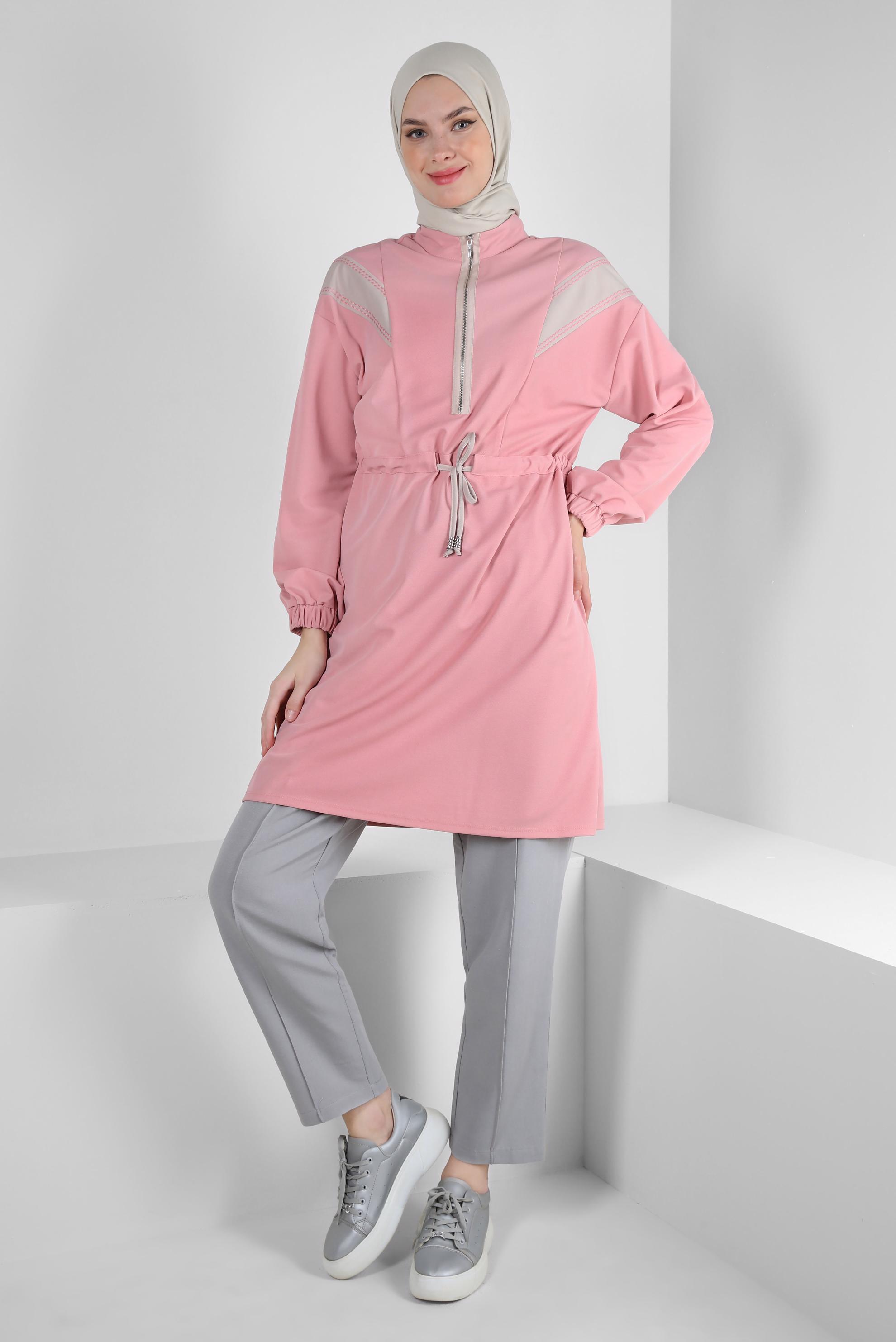 Tesettür giyim PUDRA ŞERİT DETAYLI BELİ BÜZGÜLÜ TUNİK 43840	