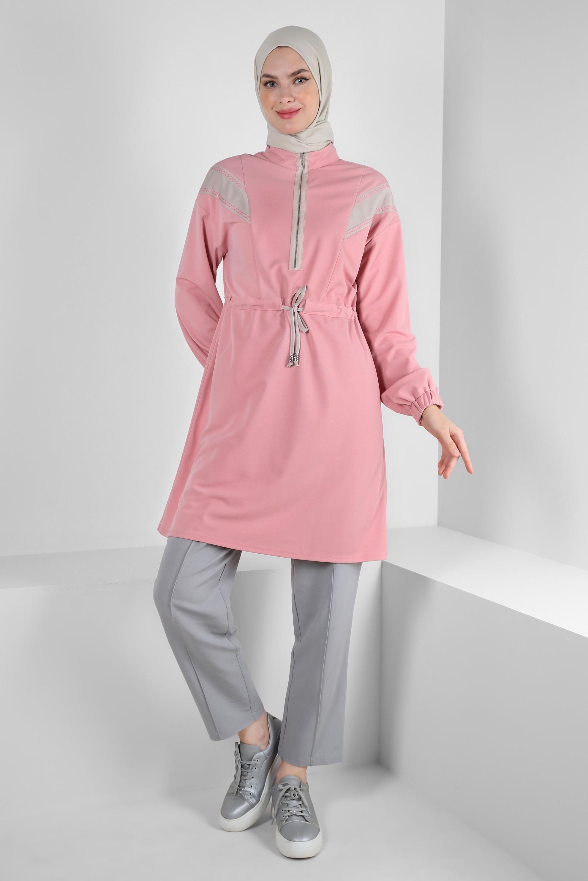 Tesettür giyim PUDRA ŞERİT DETAYLI BELİ BÜZGÜLÜ TUNİK 43840	