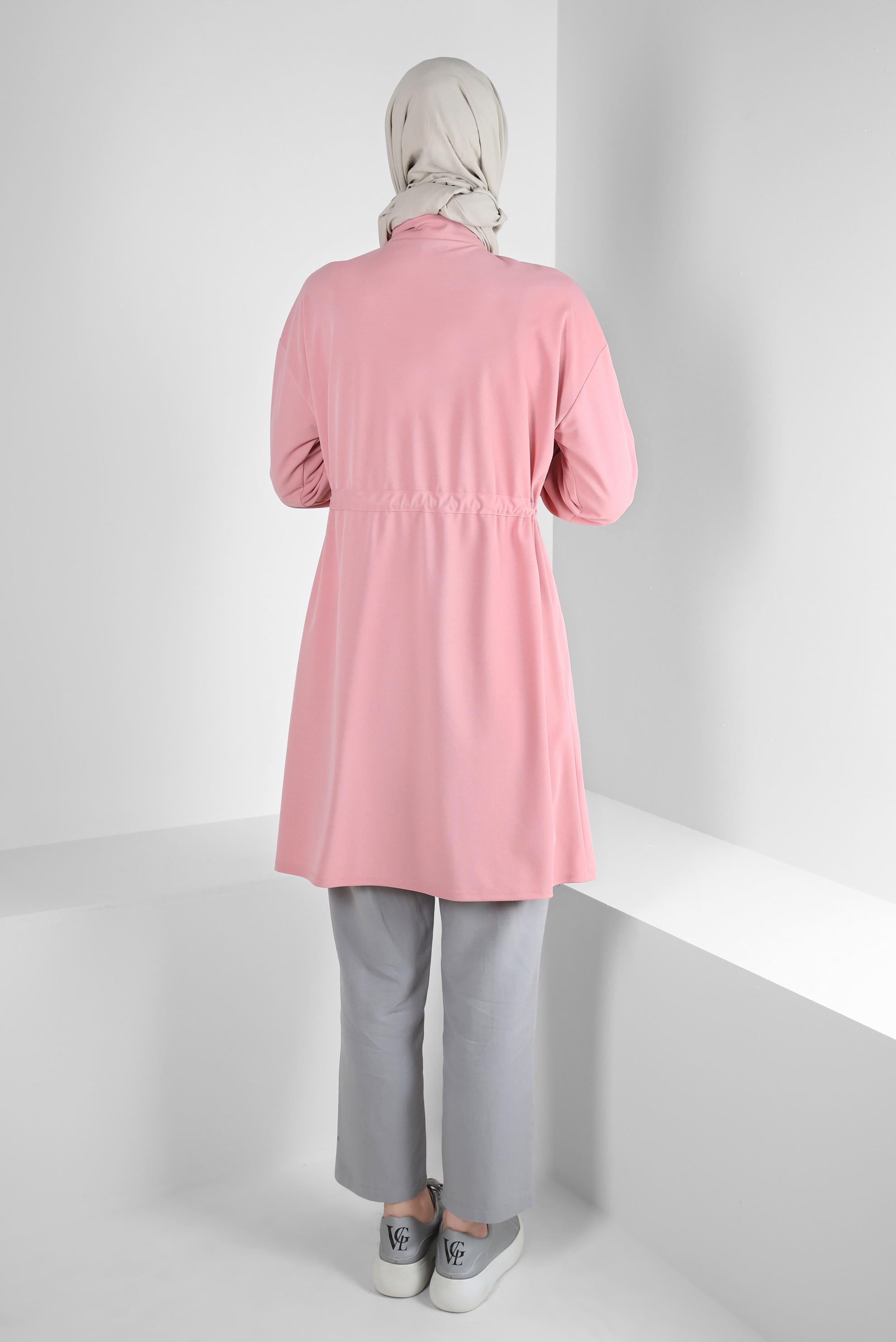 Tesettür giyim PUDRA ŞERİT DETAYLI BELİ BÜZGÜLÜ TUNİK 43840	