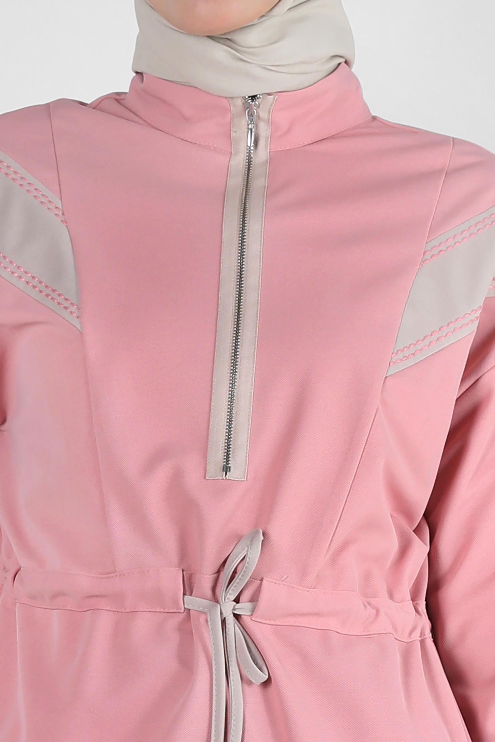 Tesettür giyim PUDRA ŞERİT DETAYLI BELİ BÜZGÜLÜ TUNİK 43840	