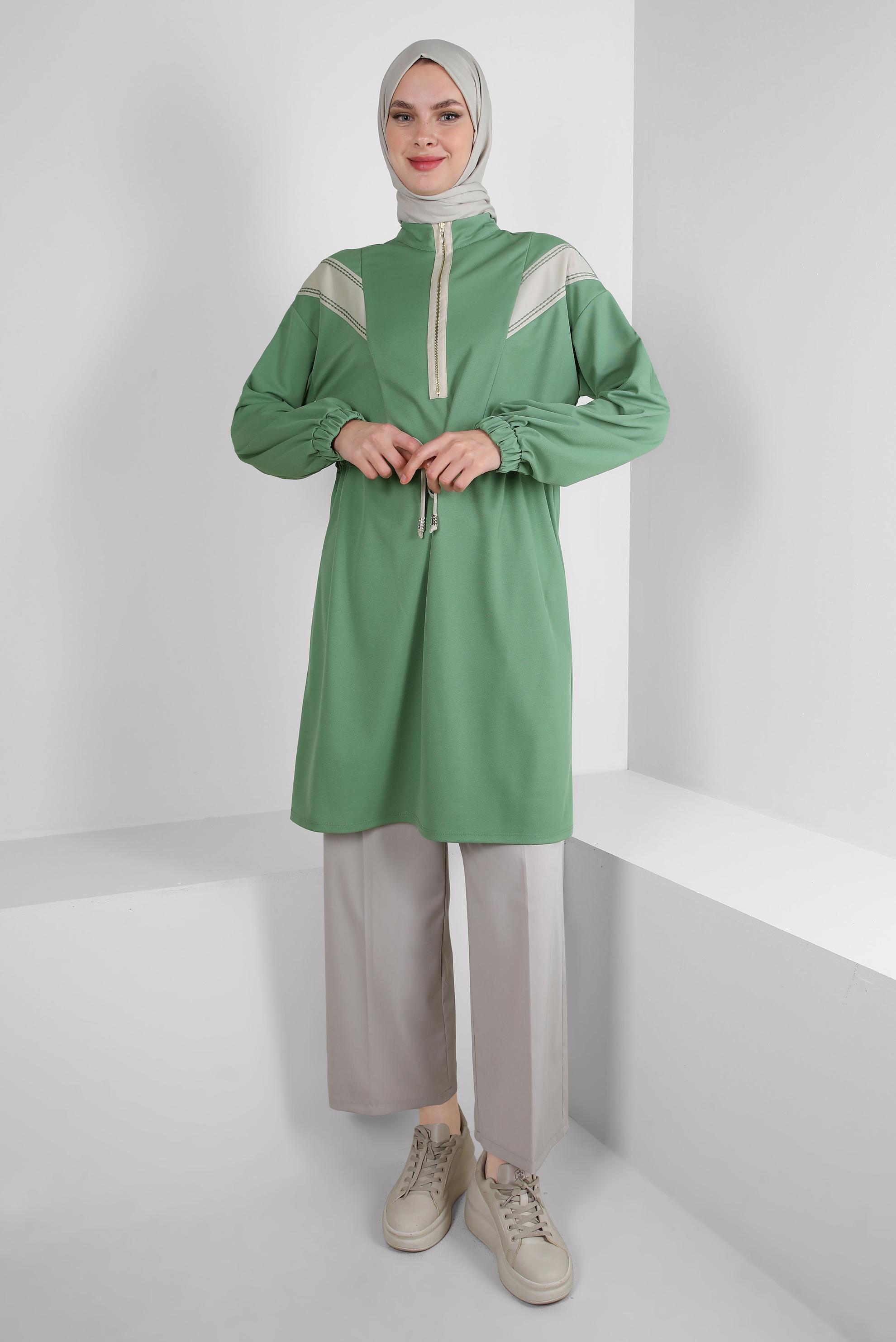 Tesettür giyim YEŞİL ŞERİT DETAYLI BELİ BÜZGÜLÜ TUNİK 43840	