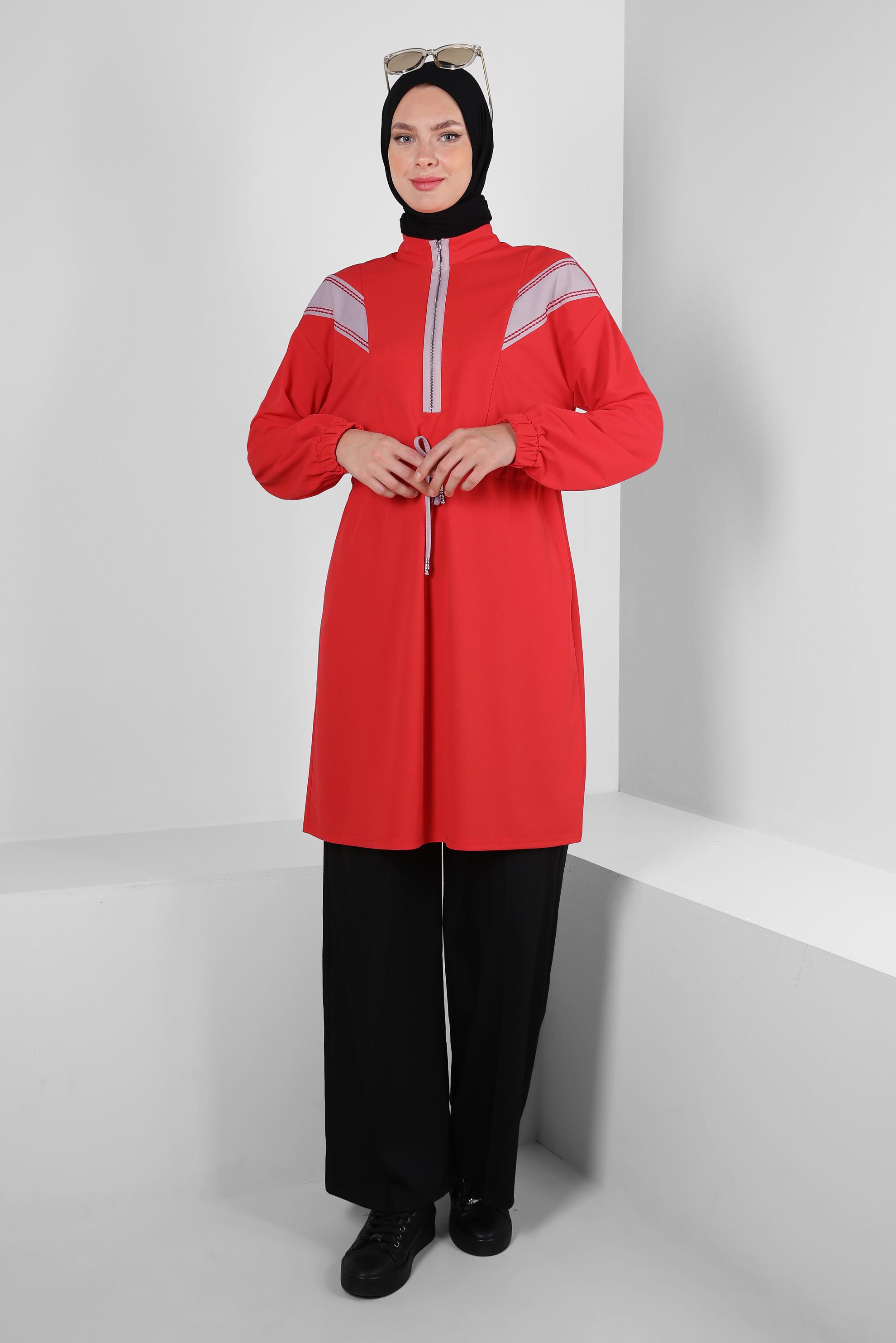 Vêtements hijab ROUGE TUNIQUE RAYÉE AVEC TAILLE SMOCKÉE 43840