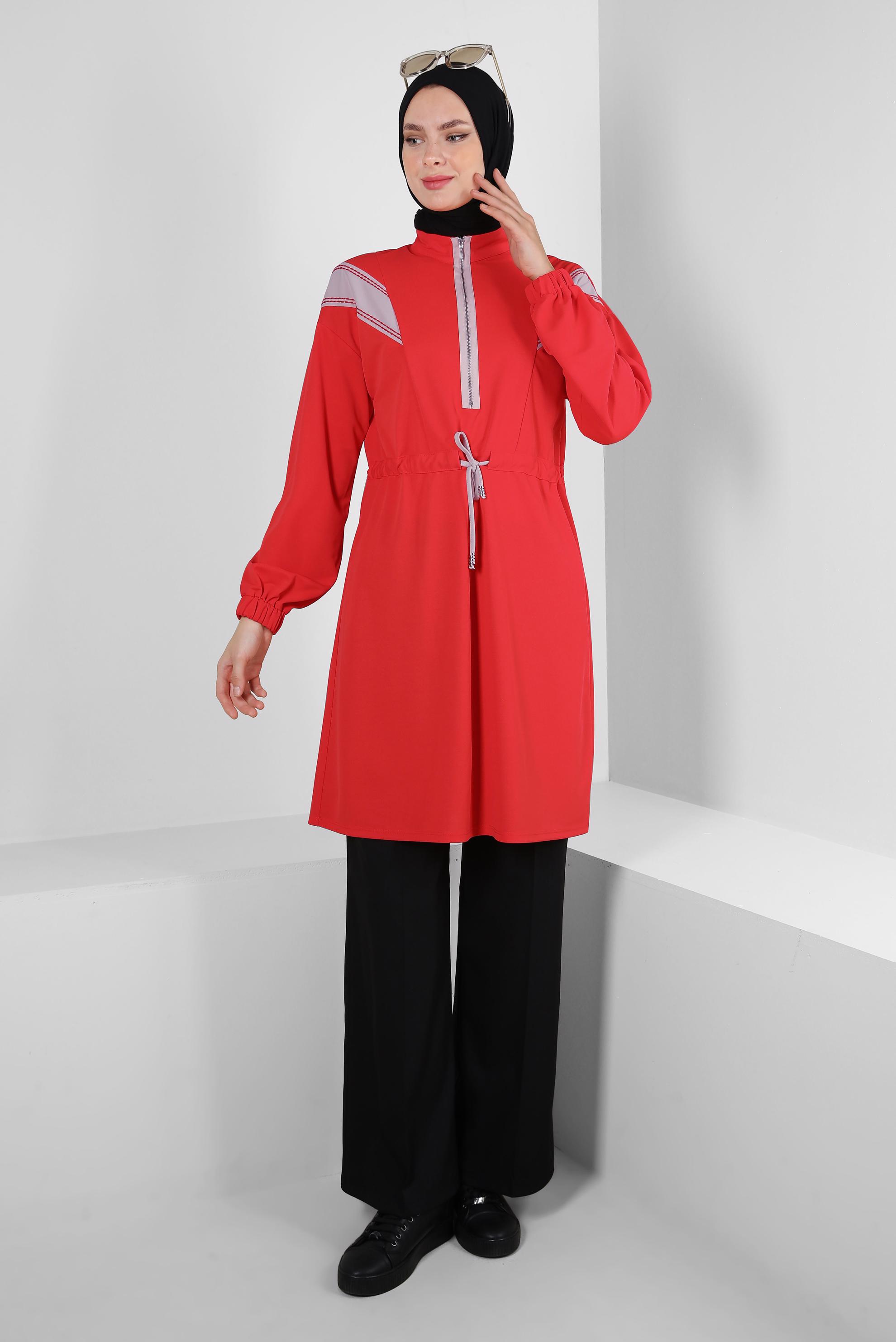 Vêtements hijab ROUGE TUNIQUE RAYÉE AVEC TAILLE SMOCKÉE 43840